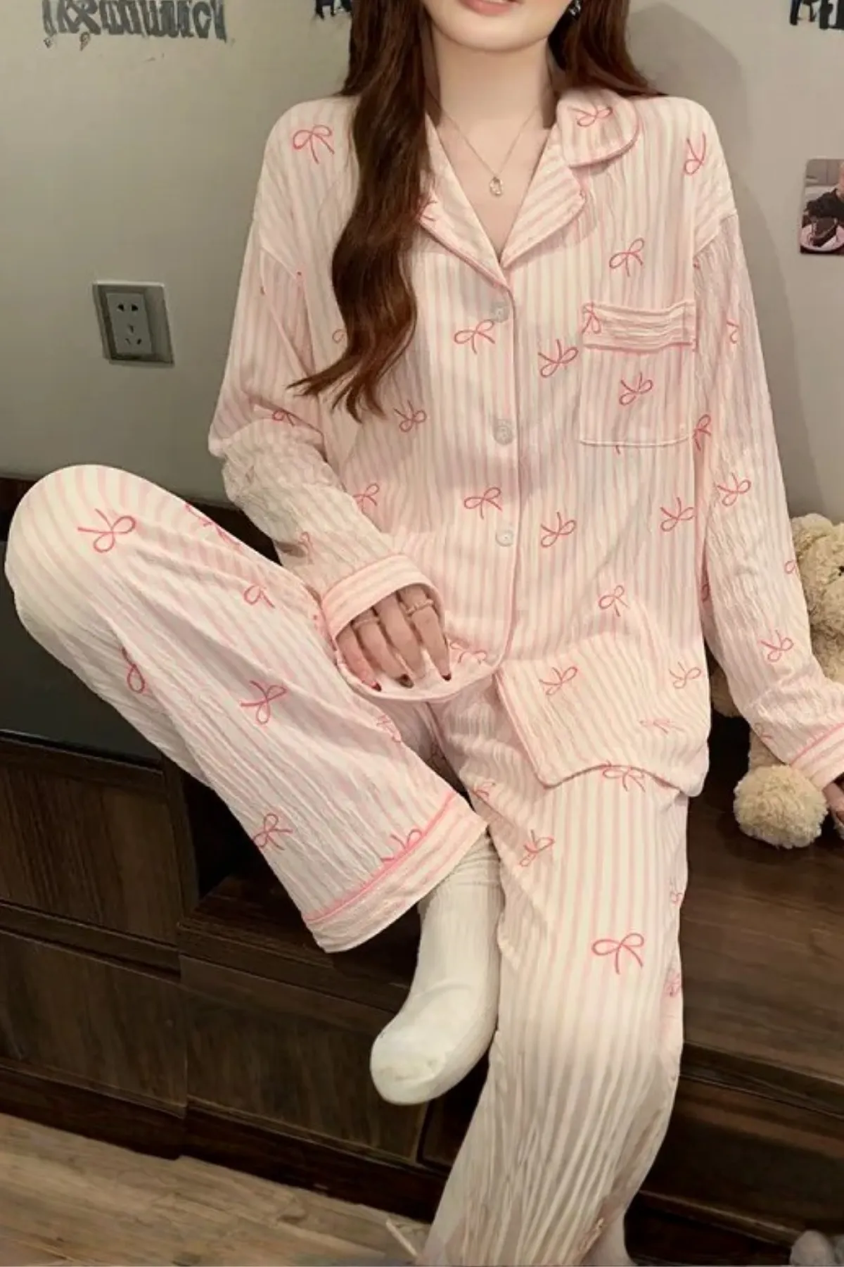 Bow Stripe Pattern 2 Pieces Women's Cozy Loungewear Pajama Set