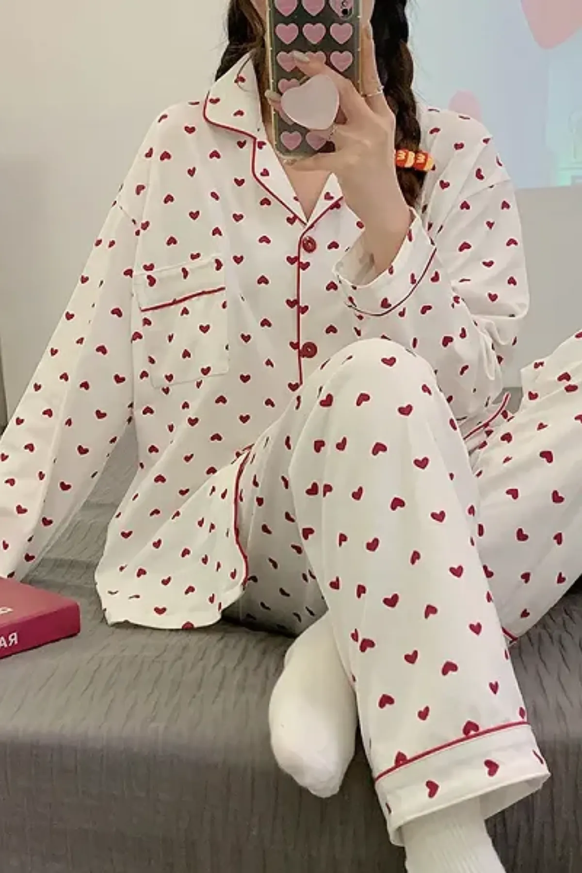 Heart Patterned Women's Pajama Set Soft Fabric Girl's Pajam Two Piecs Set