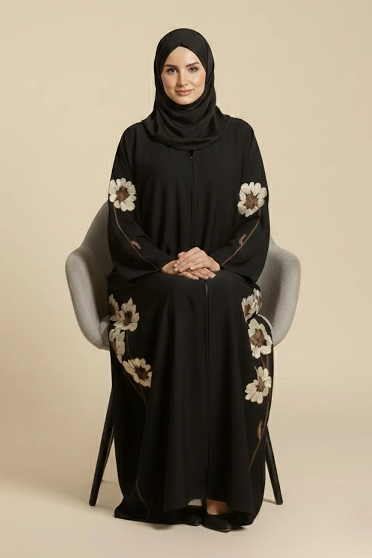 Women's Black Abaya With Gold Floral Embroidery Long Sleeve Button Closure Modest Dress Saudi Style