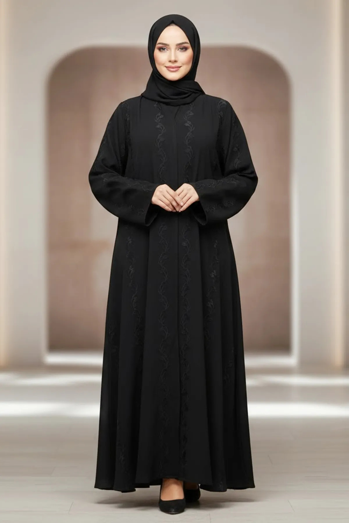 Stylish Black Embroidered Abaya Front Buttons Muslim Arabic V-neck Long Sleeve Women's Abaya Dress