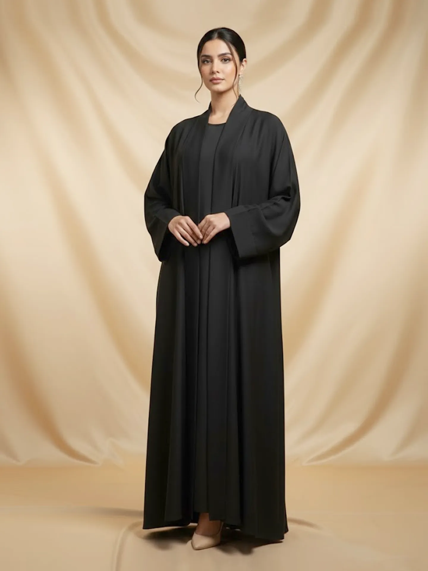 Elegant 2 Piece Abaya Set For Women's Flowy Open Muslim Arabic Long Black Abaya With Inner Dress