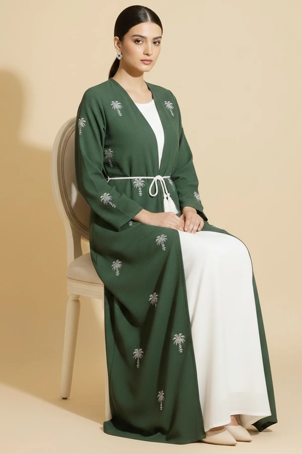 2 Pieces Palm Pattern Embroidery Women's Abaya With Inner Set Arabic Muslim Casual Abaya Dress