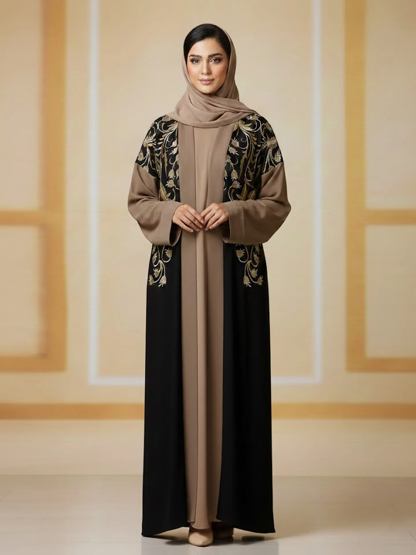 2 Pieces Elegant Black Brown Embroidered Abaya For Women Long Sleeve With Inner Muslim Abaya Dress
