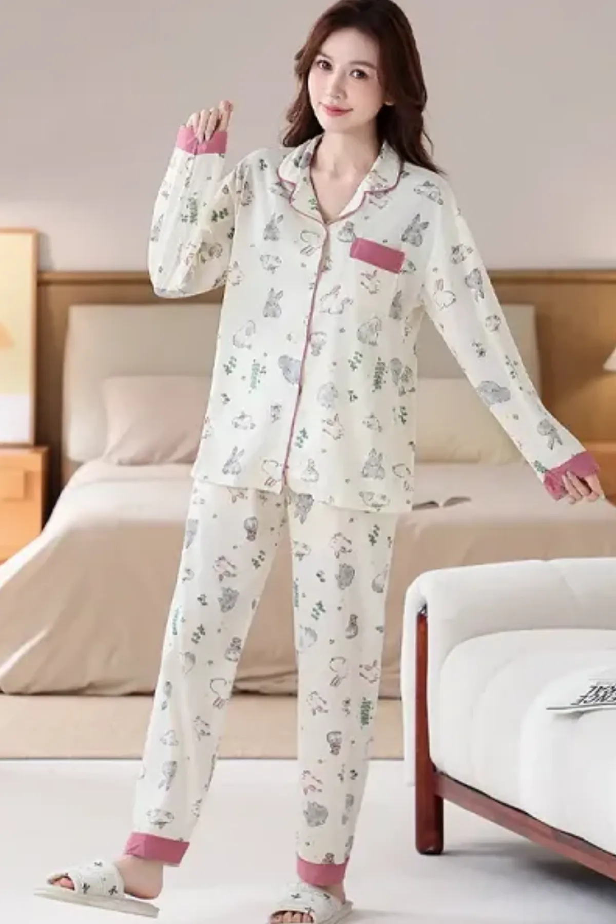 Two Pieces Top And Bottom Loungewear Womens Pajama Set