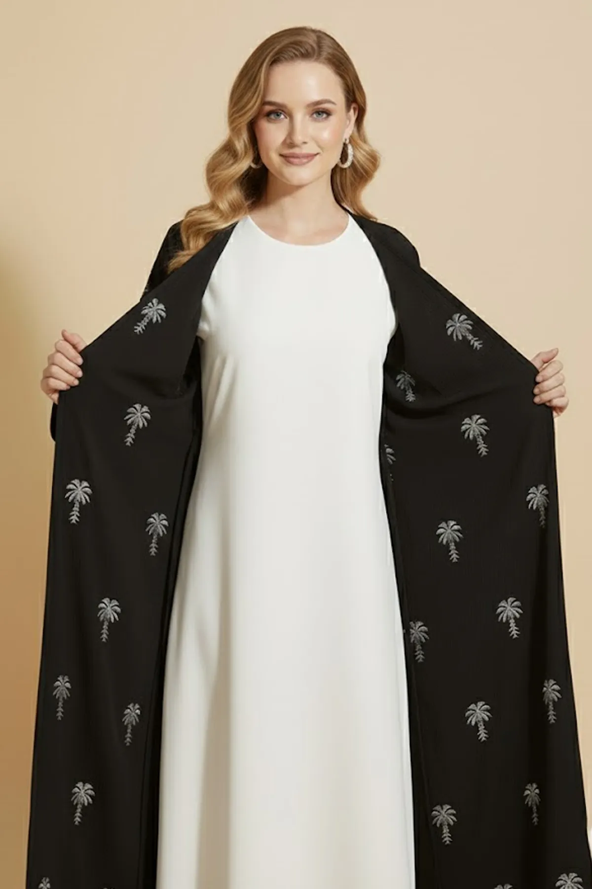 2 Pieces Palm Pattern Embroidery Women's Abaya With Inner Set Arabic Muslim Casual Abaya Dress
