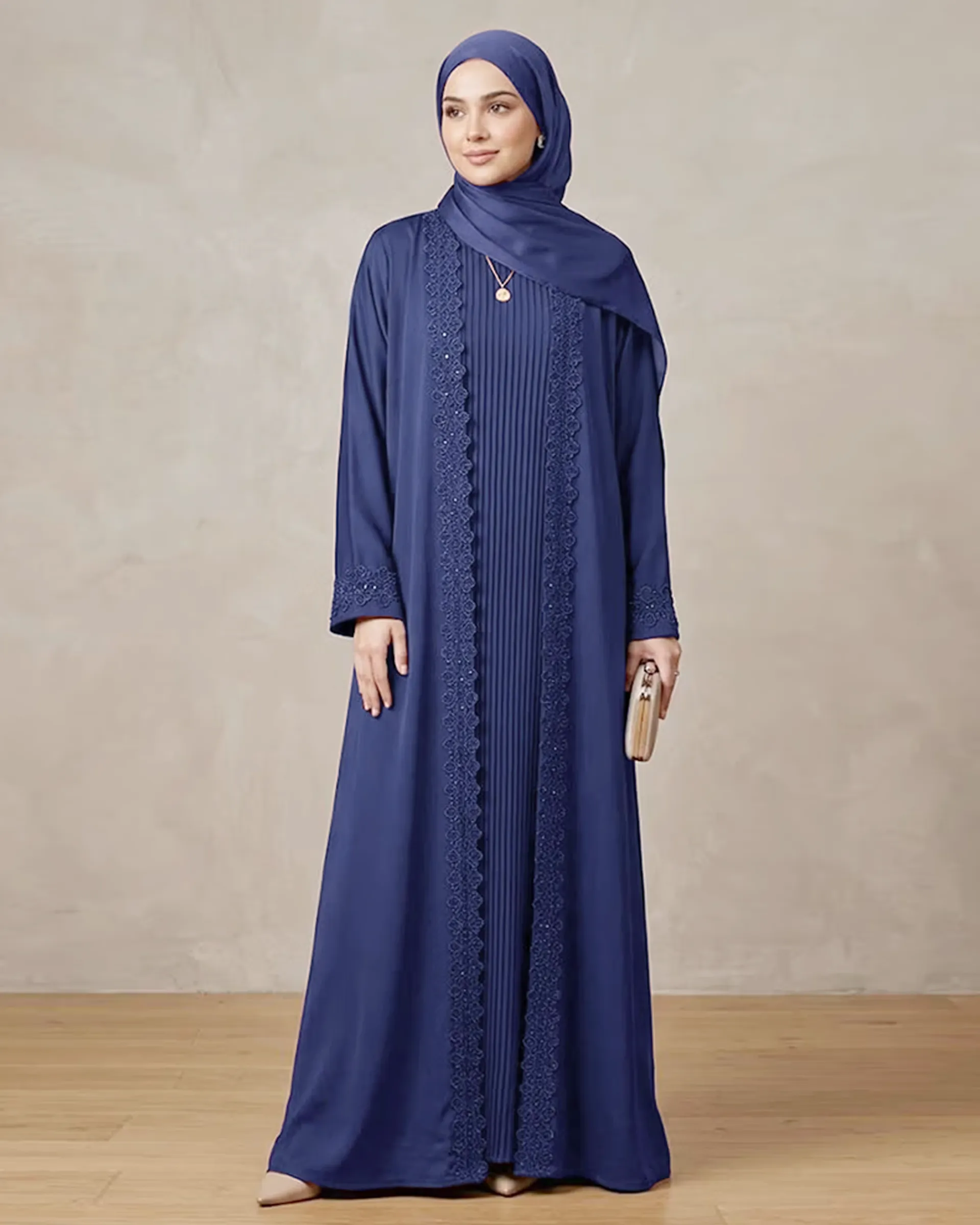3 Pieces Premium Royal Blue Abaya Set With Inner Pleated Slip Dress And Sheila