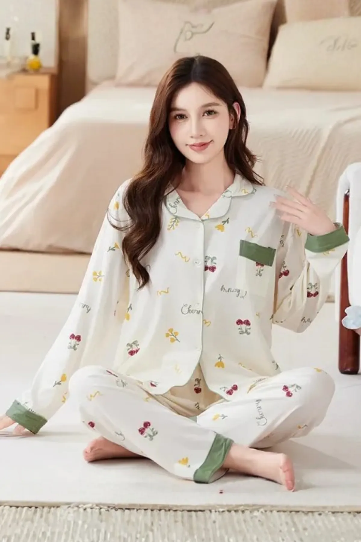 Cozy Cherry Print Pajama Set For Womens Two Pieces Lounge Set
