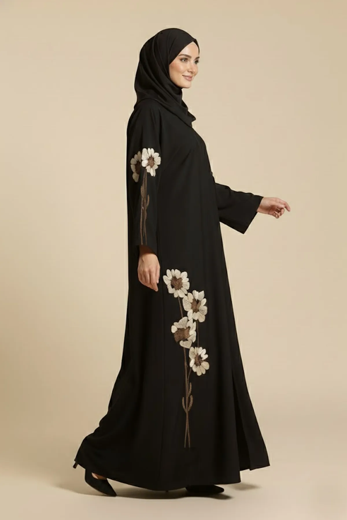 Women's Black Abaya With Gold Floral Embroidery Long Sleeve Button Closure Modest Dress Saudi Style