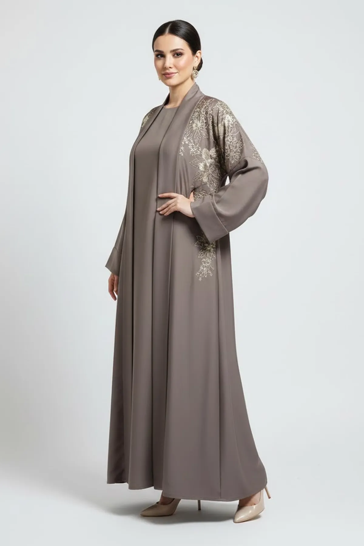 2 Pieces Premium Khaki Open Abaya Set With Inner Elegant Floral Embroidery Casual Muslim Abaya Dress