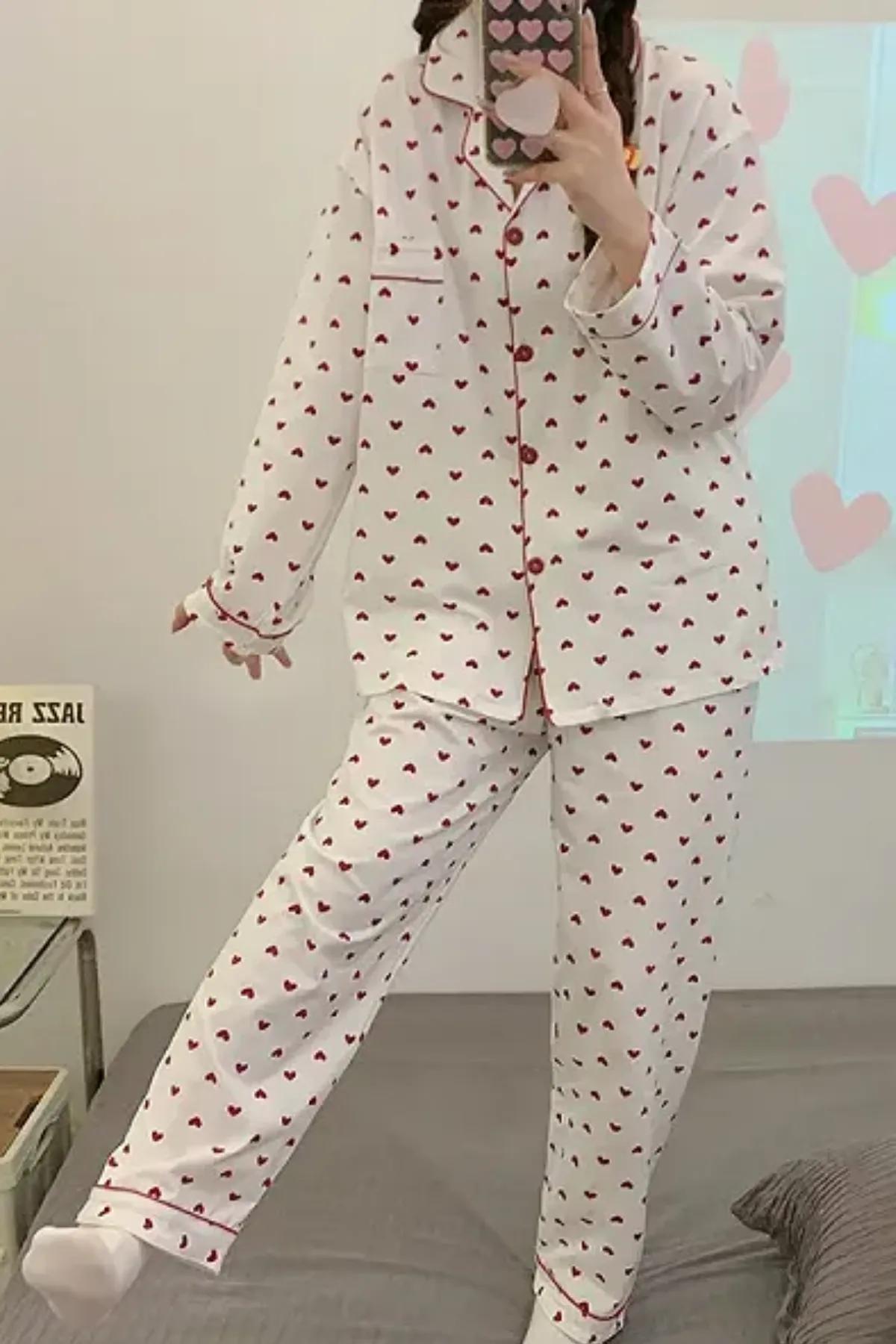 Heart Patterned Women's Pajama Set Soft Fabric Girl's Pajam Two Piecs Set