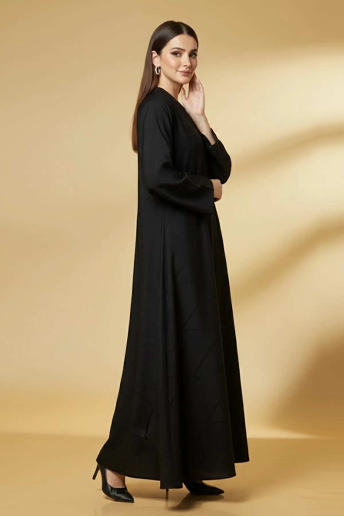 Modern V-neck Maxi Muslim Abaya Geometric Pattern Quality Fabric Long Sleeve A-line Womens Abaya