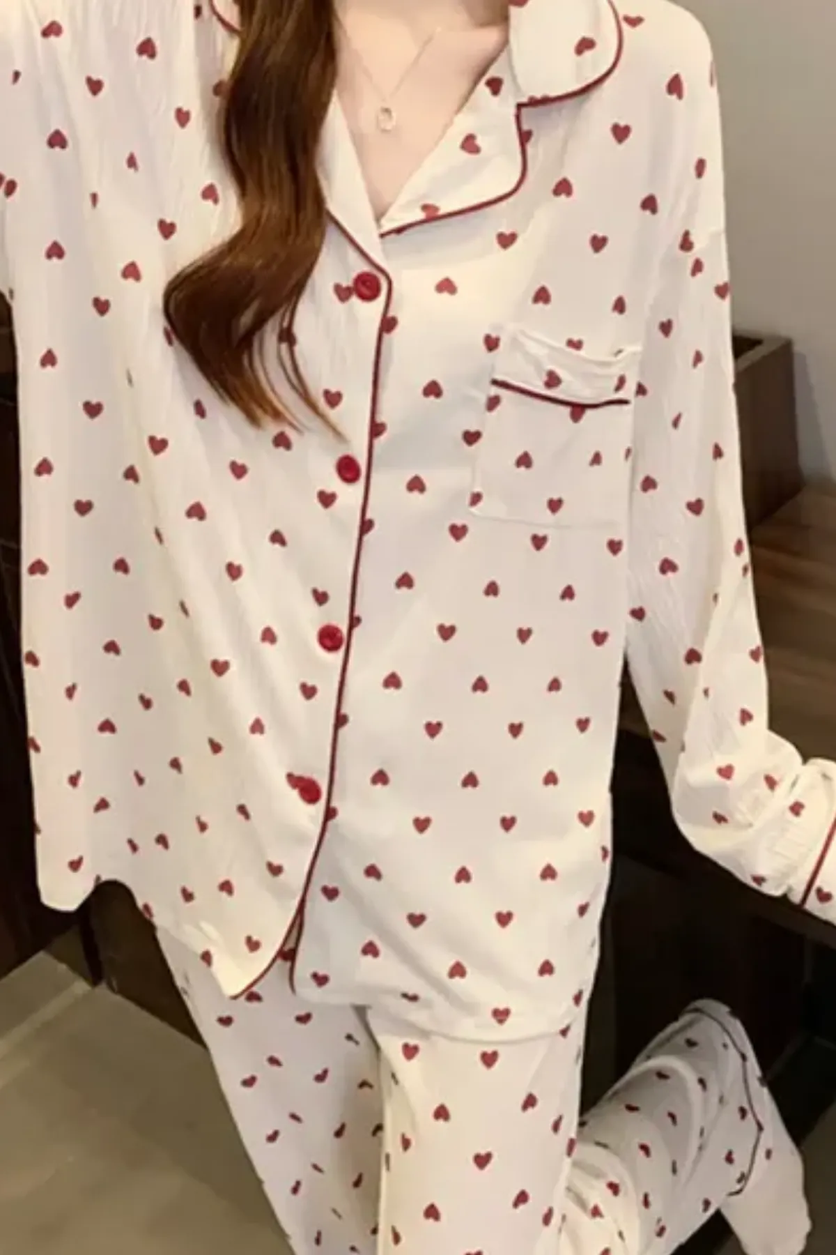 Heart Pattern Womens Pajama Set Cozy Soft Fabric Two Pieces Lounge set