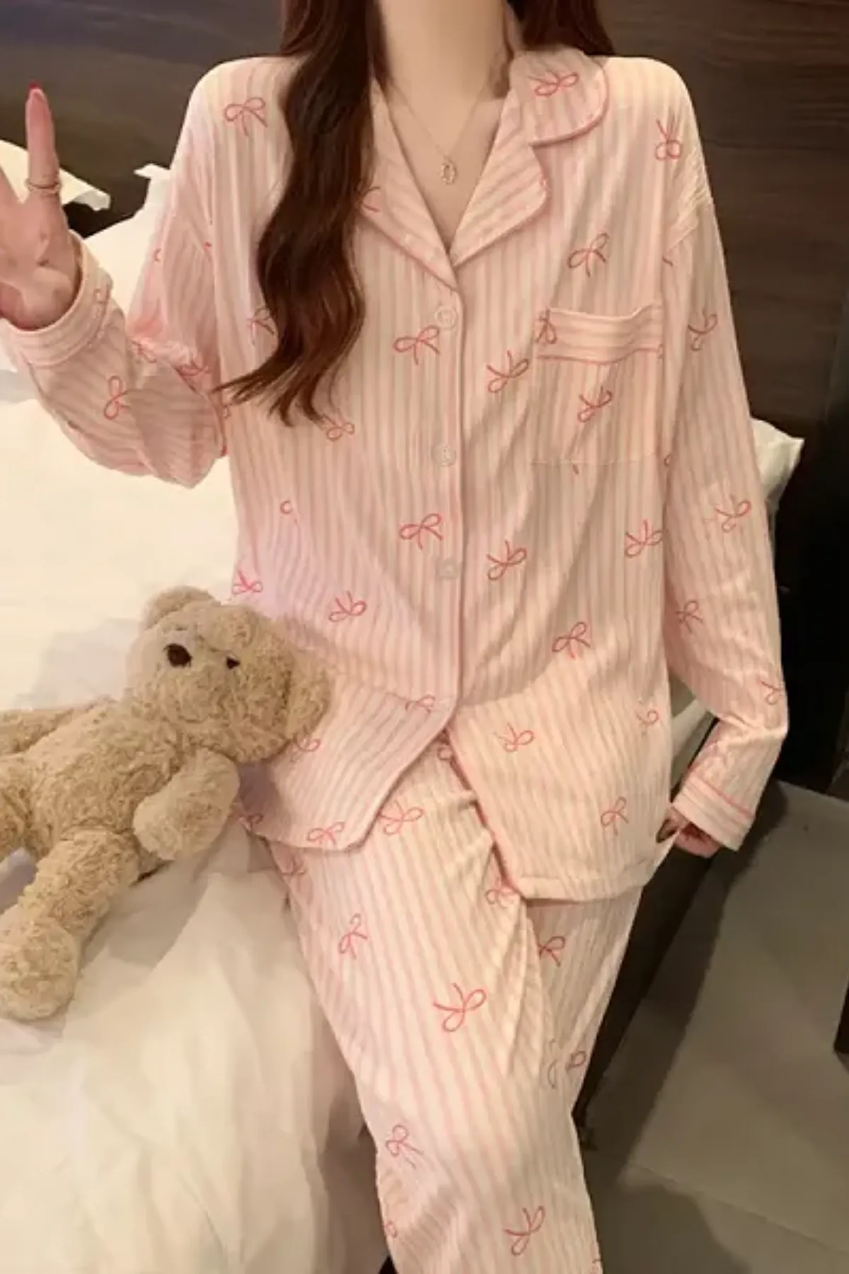 Bow Stripe Pattern 2 Pieces Women's Cozy Loungewear Pajama Set