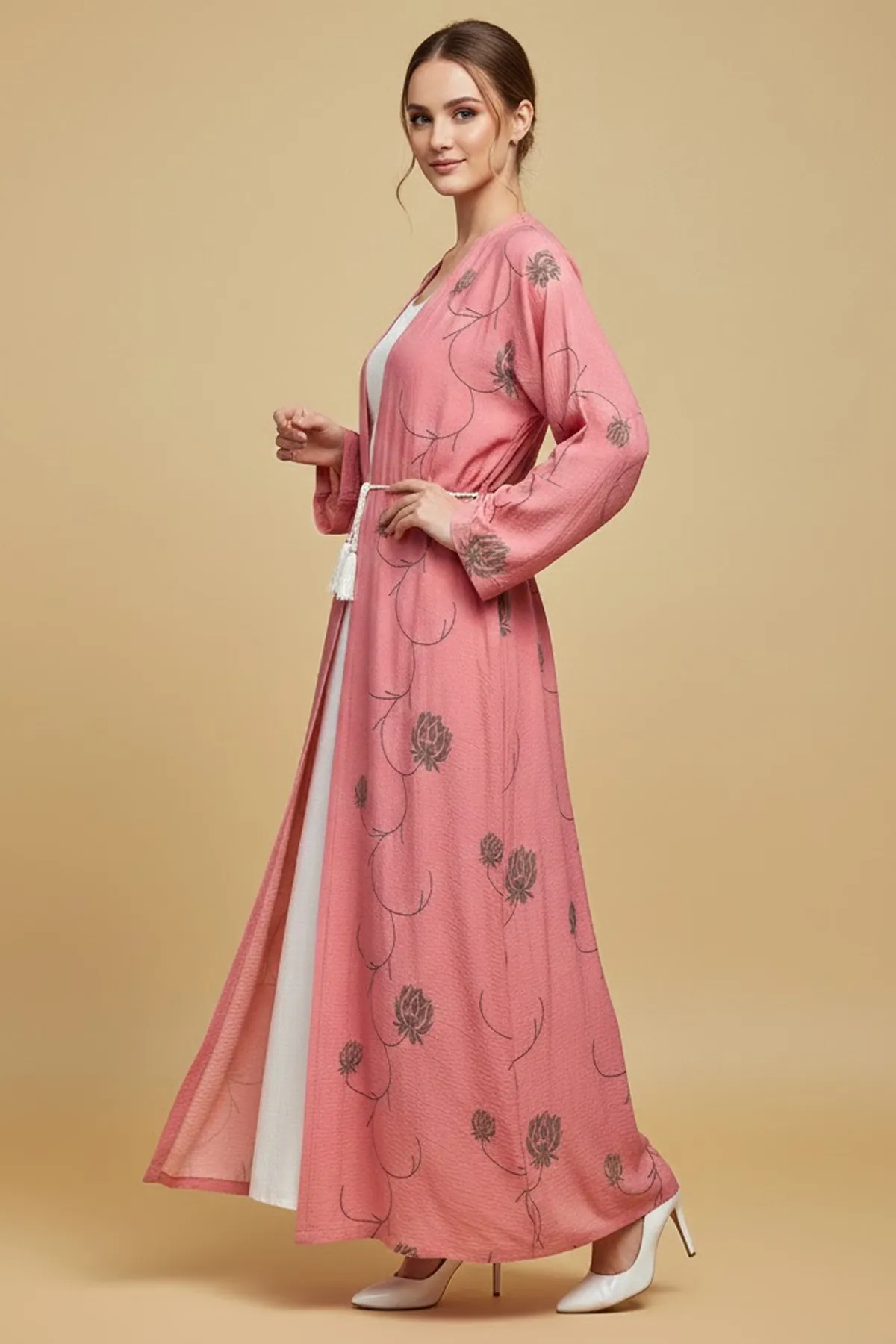 2 Pieces Women’s Long Pink Floral Kimono Abaya Stylish Open Robe With Inner Modern Dress Set
