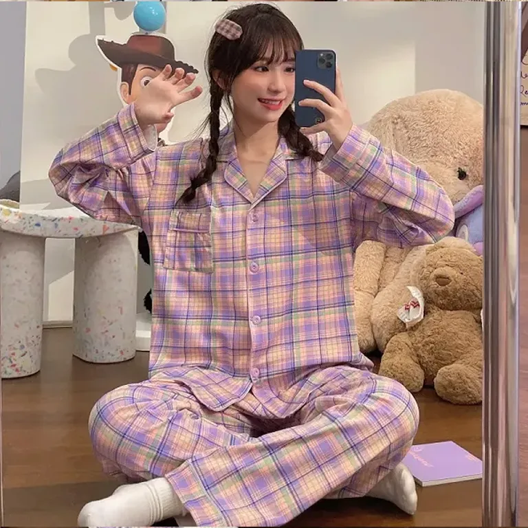 Plaid Pattern Women's Pajama Set Lounge Wear Girl's Pajama Set