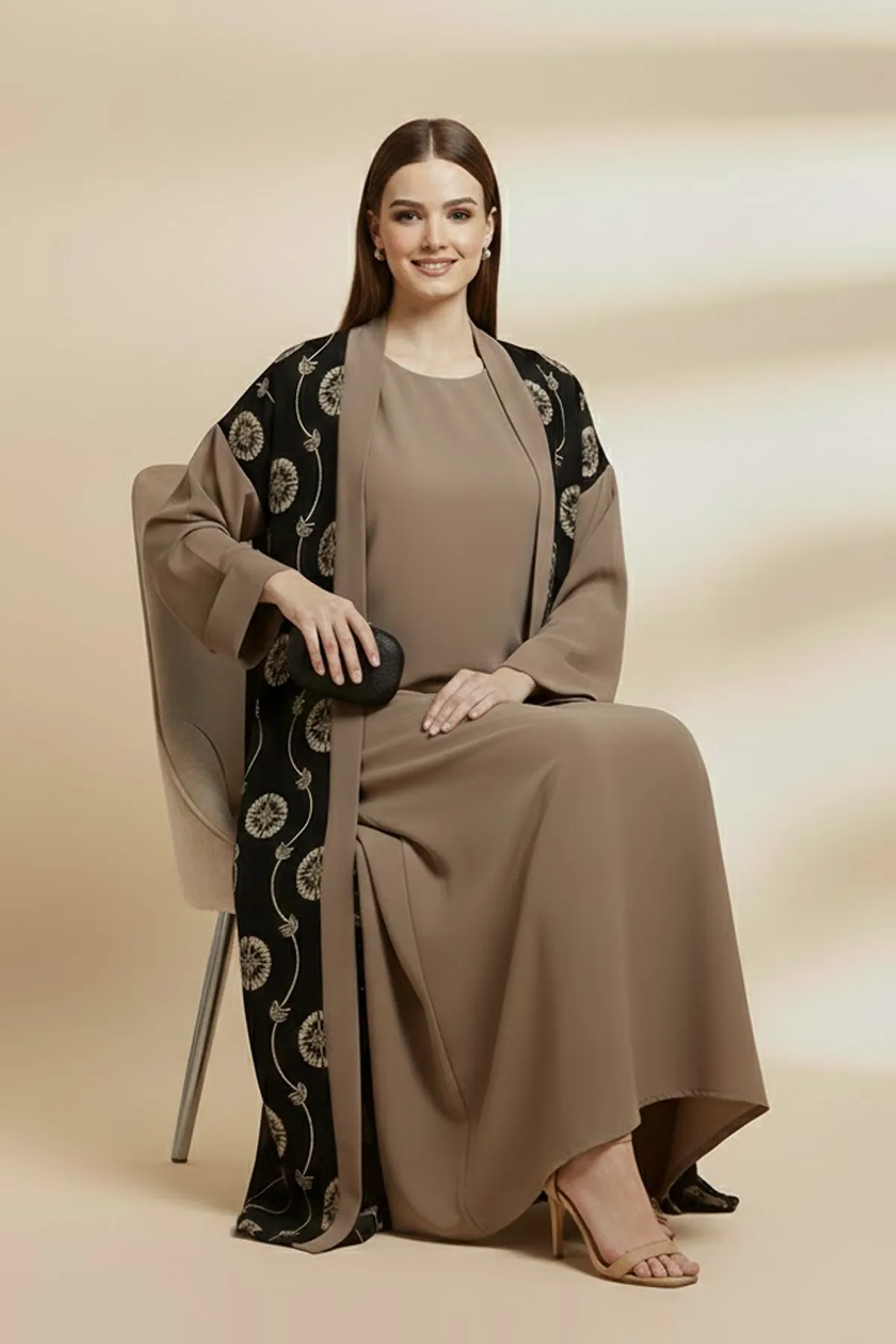 2 Piece Abaya Set Long Sleeve Embroidered Muslim Open Abaya With Matching Inner Dress For Women's