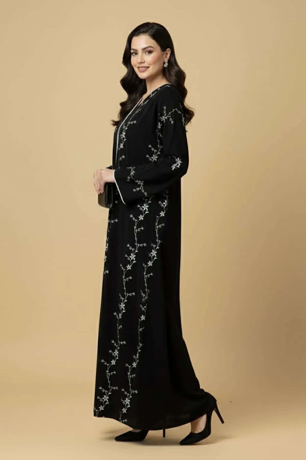 Black Floral Embroidered Abaya Modest Women’s Wear Arabic Muslim Long Sleeve Button Closure Abayas