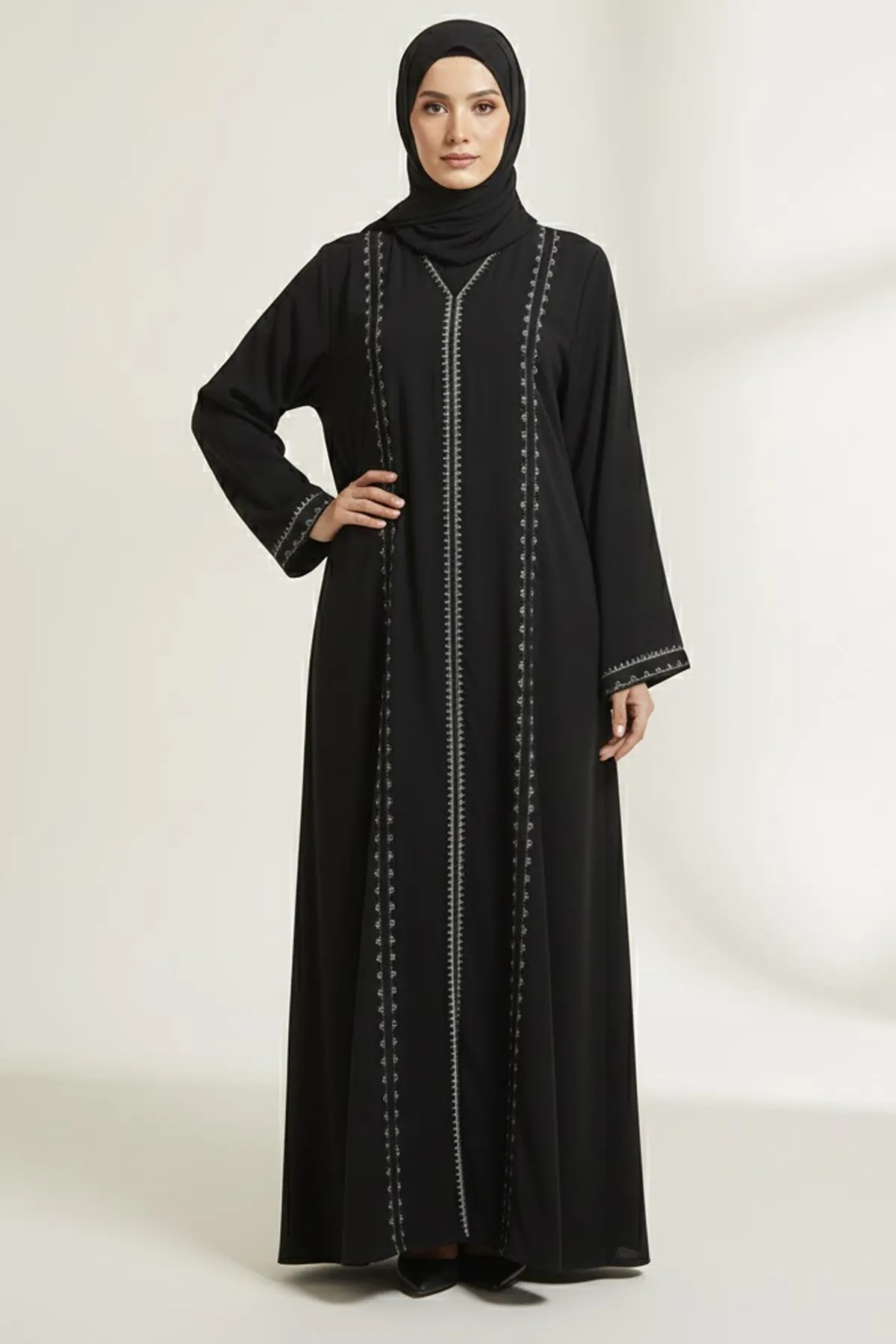 Premium Black Abaya With Front Embroidery Rhinestone Modern Modest Wear V-neck Long Sleeve Dress
