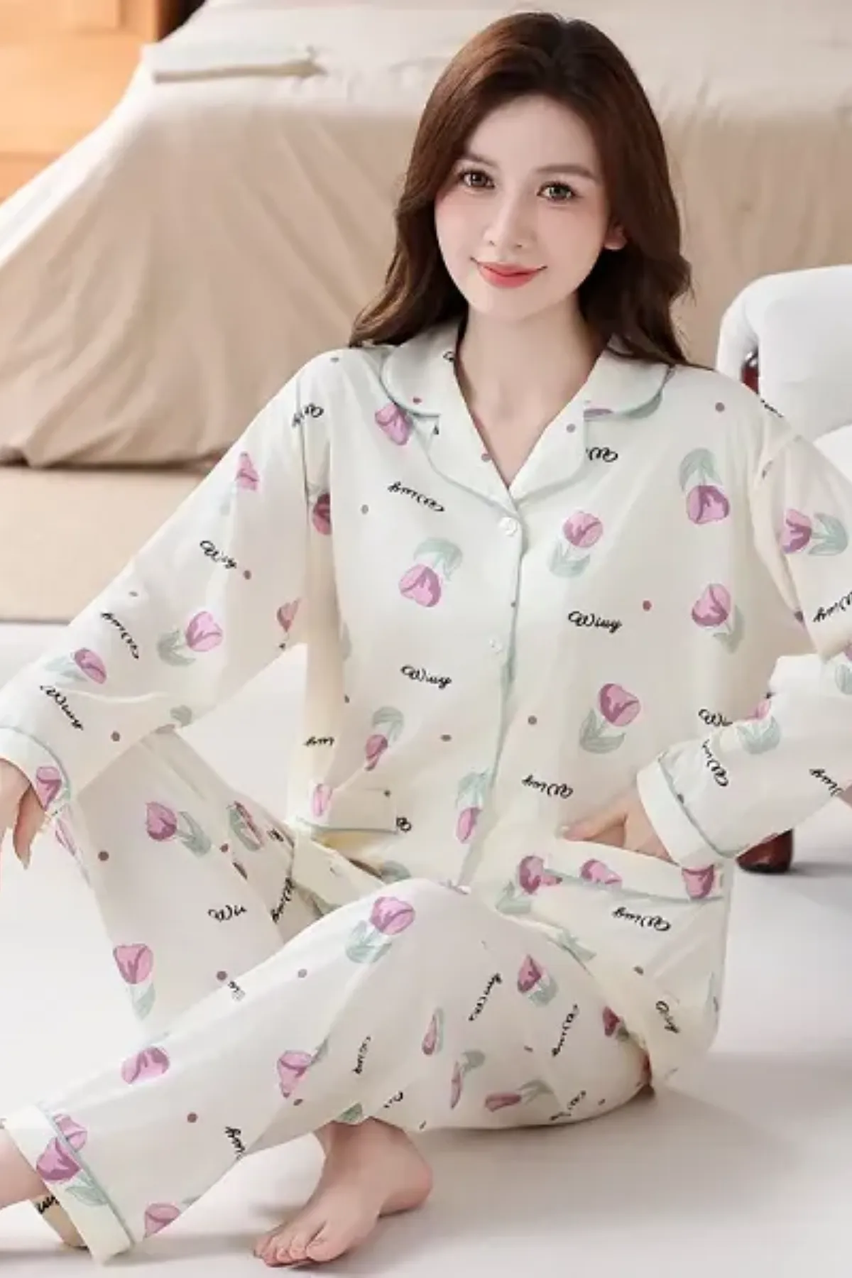 Cozy Tulip Pattern Women's Home Lounge Night Sleepwear Two Piece Pajama Set