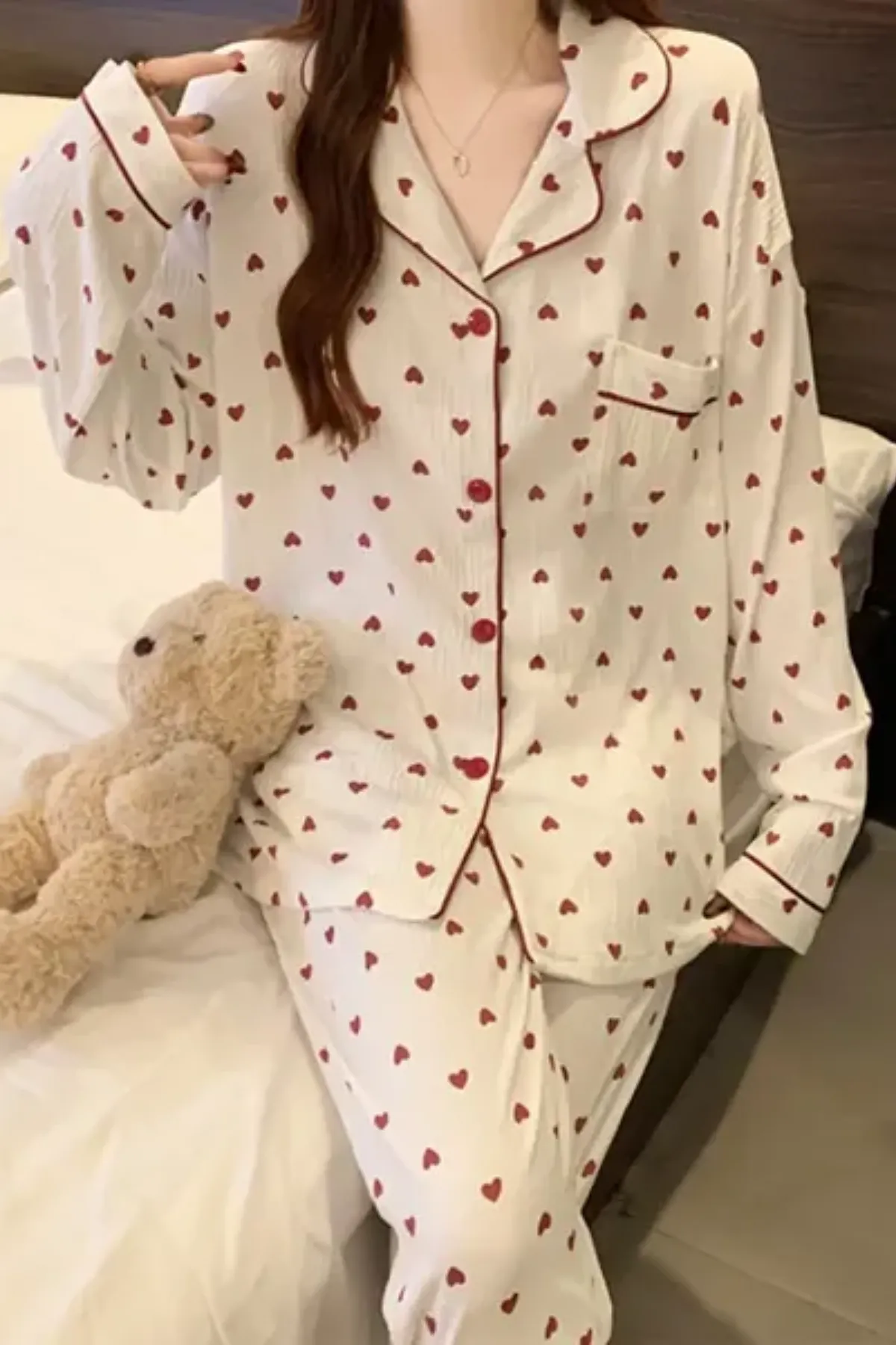 Heart Pattern Womens Pajama Set Cozy Soft Fabric Two Pieces Lounge set