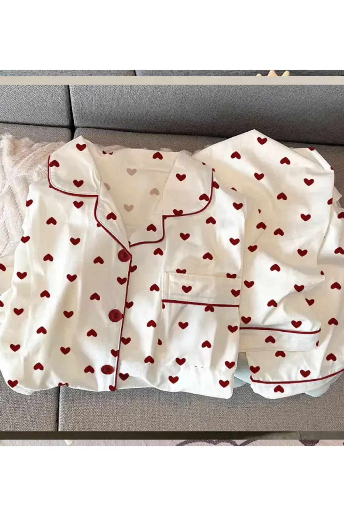 Heart Patterned Women's Pajama Set Soft Fabric Girl's Pajam Two Piecs Set