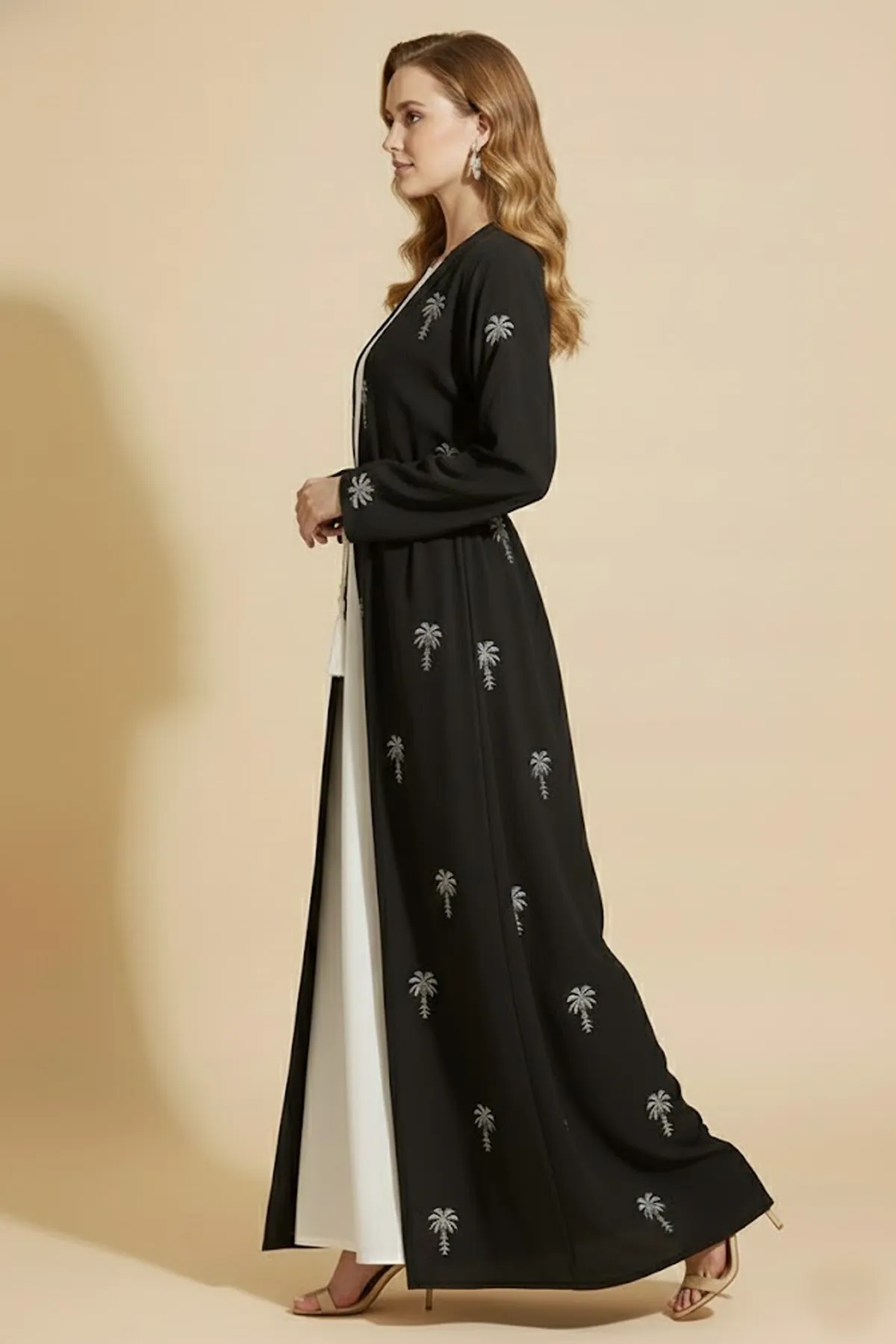 2 Pieces Palm Pattern Embroidery Women's Abaya With Inner Set Arabic Muslim Casual Abaya Dress