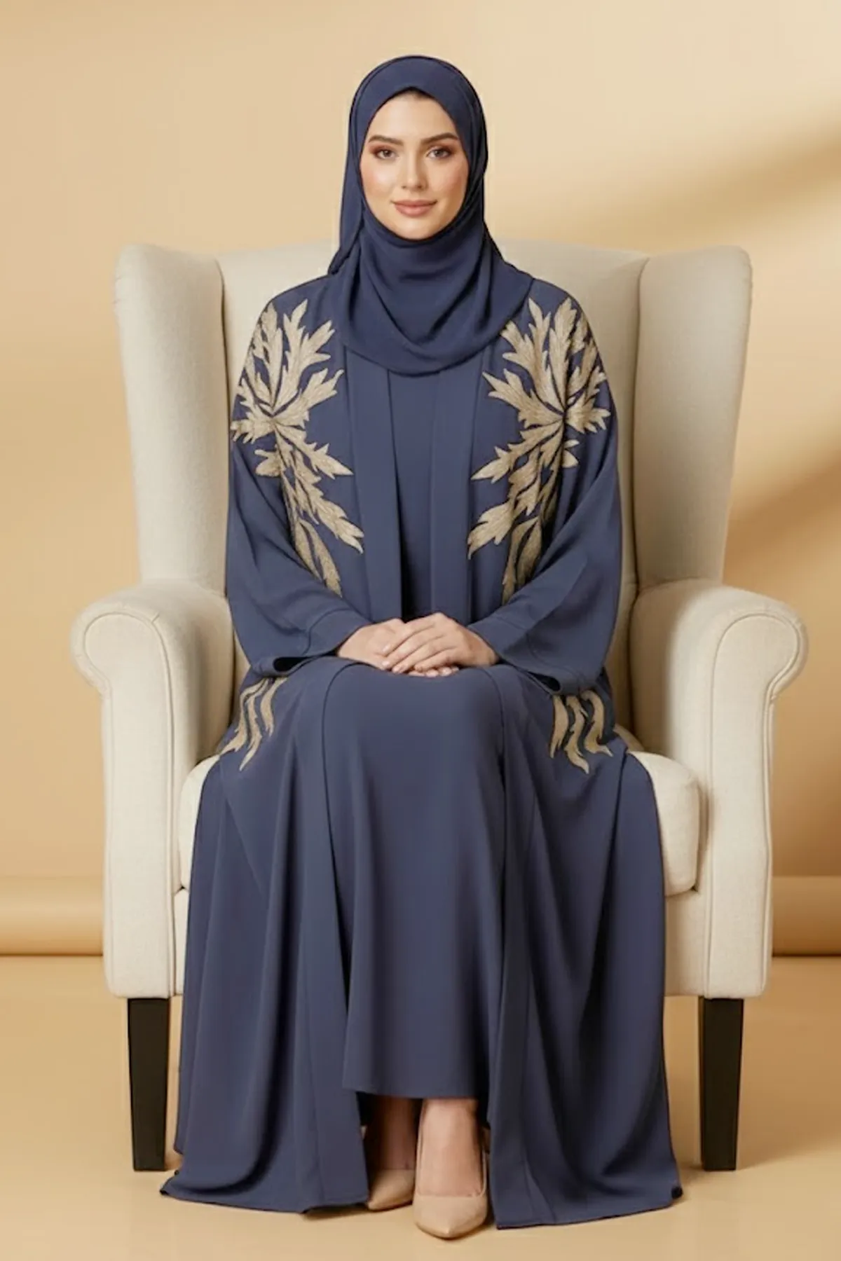 2 Pieces Women’s Navy Blue Open Abaya And Inner With Gold Leaf Embroidery Long Sleeve Muslim Abaya