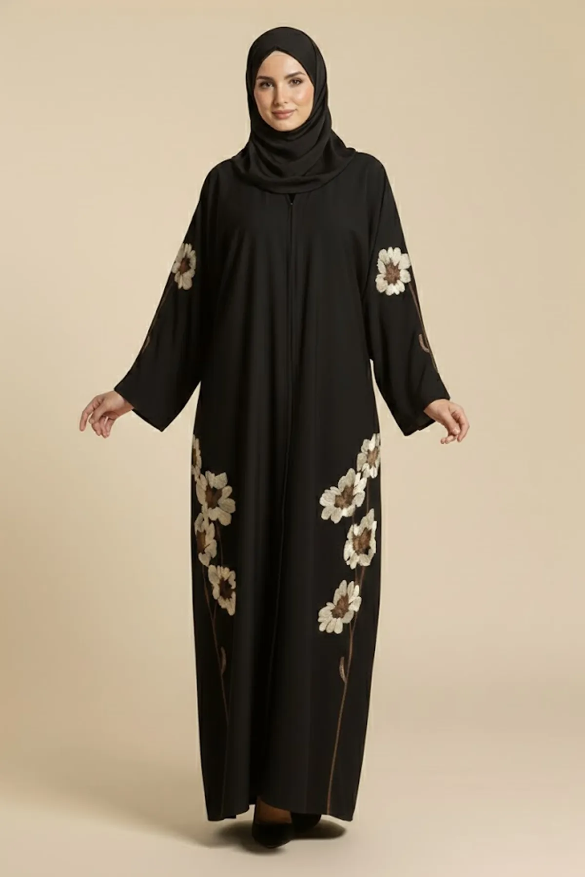 Women's Black Abaya With Gold Floral Embroidery Long Sleeve Button Closure Modest Dress Saudi Style