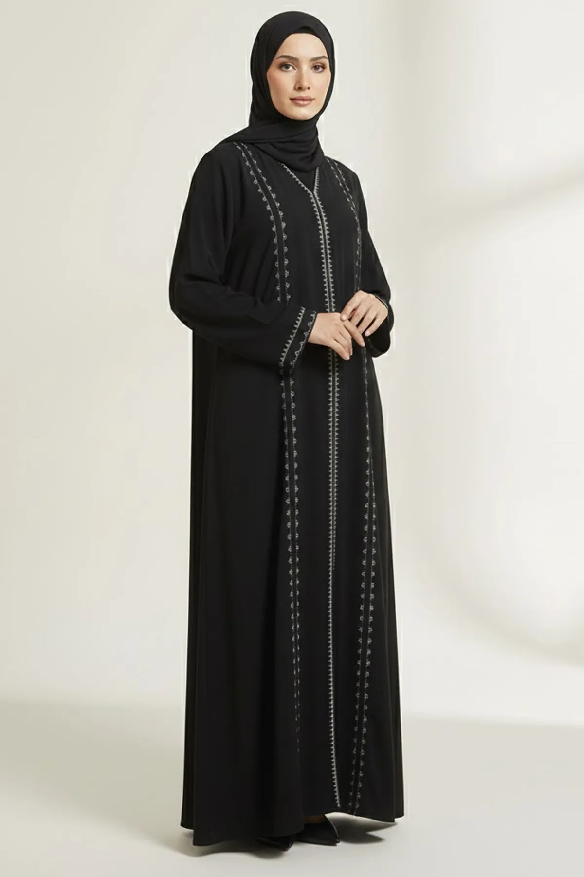 Premium Black Abaya With Front Embroidery Rhinestone Modern Modest Wear V-neck Long Sleeve Dress