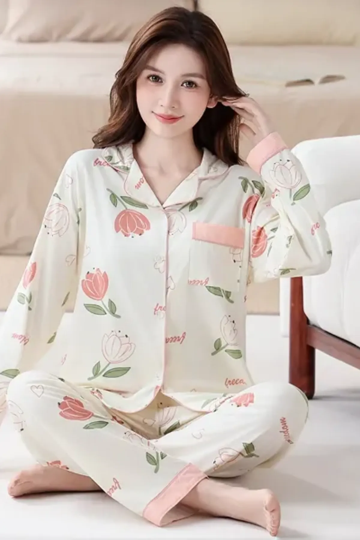 Cozy Womens Pajama Set Floral Printed Lounge Pajama Two Pieces Set