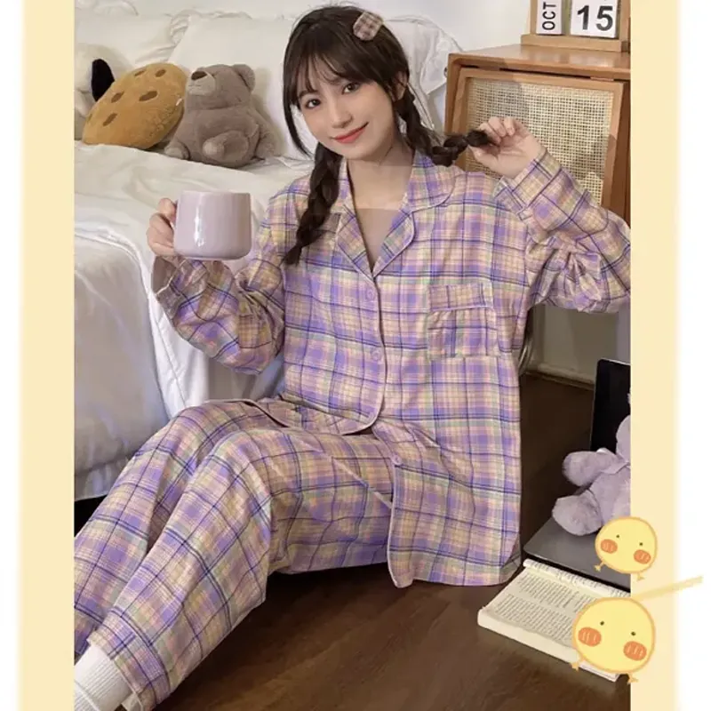 Plaid Pattern Women's Pajama Set Lounge Wear Girl's Pajama Set