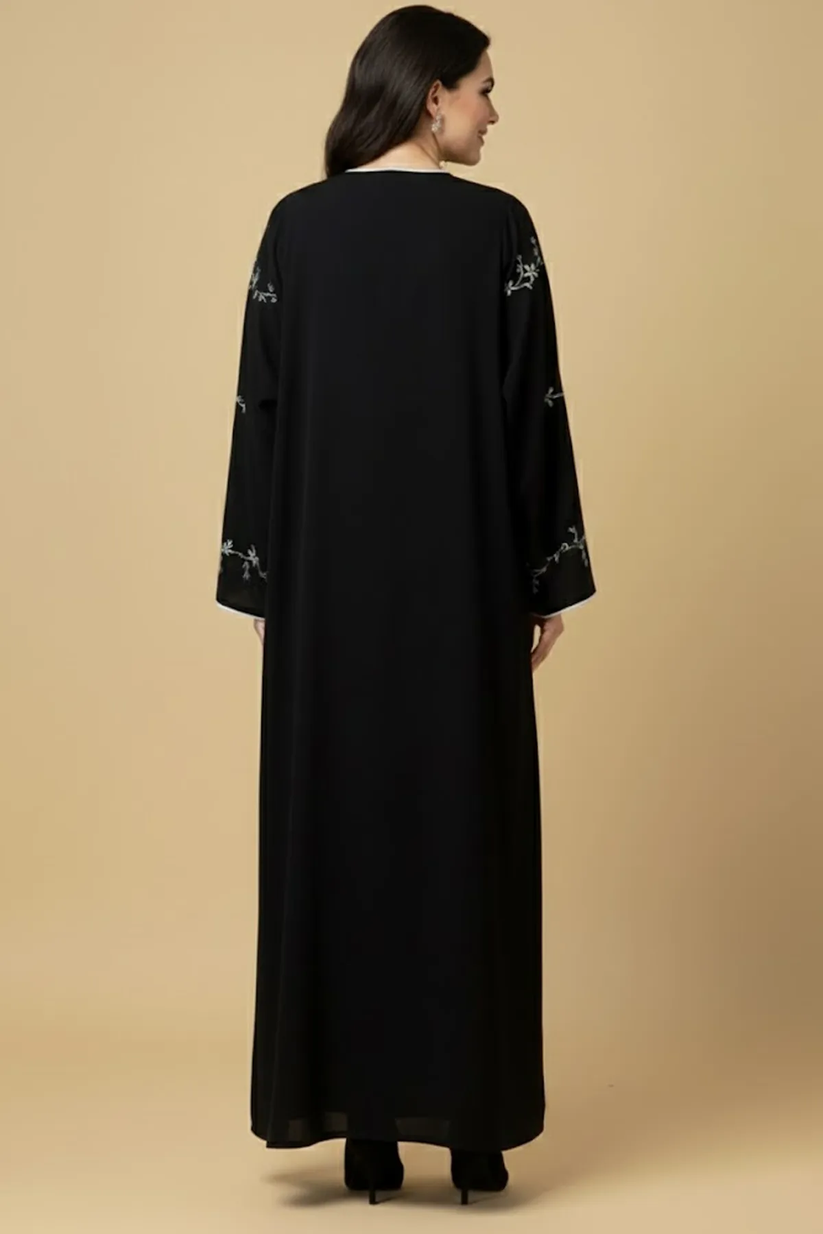Black Floral Embroidered Abaya Modest Women’s Wear Arabic Muslim Long Sleeve Button Closure Abayas