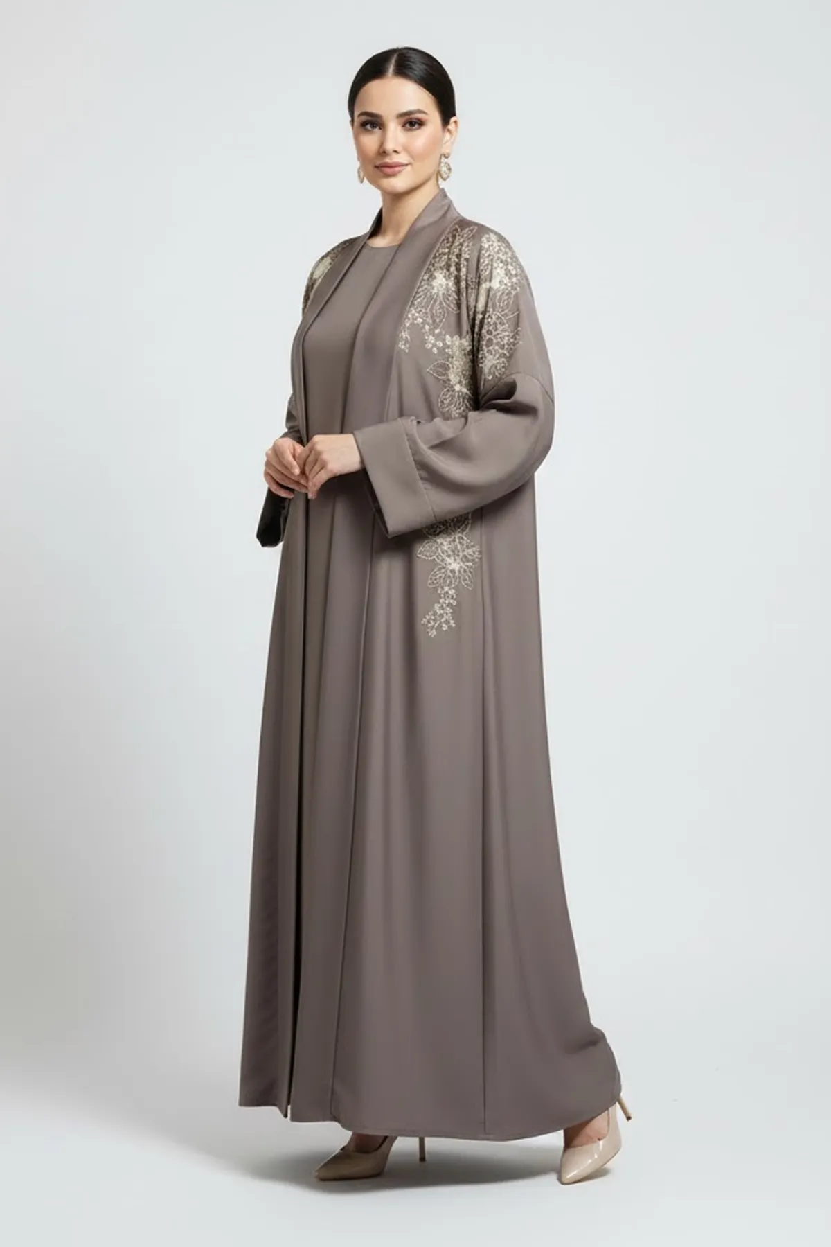 2 Pieces Premium Khaki Open Abaya Set With Inner Elegant Floral Embroidery Casual Muslim Abaya Dress