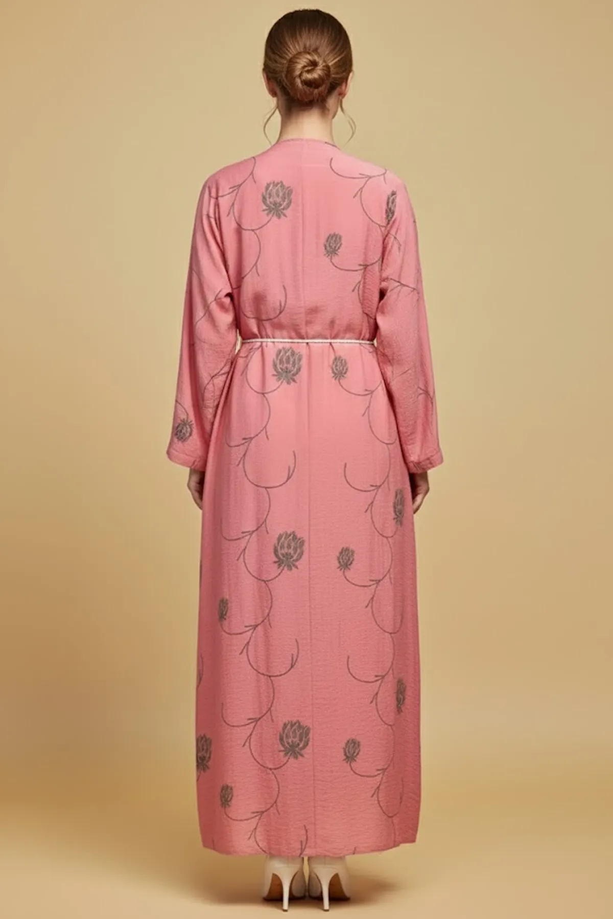2 Pieces Women’s Long Pink Floral Kimono Abaya Stylish Open Robe With Inner Modern Dress Set