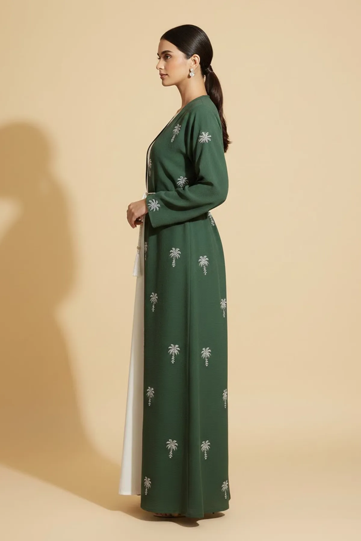 2 Pieces Palm Pattern Embroidery Women's Abaya With Inner Set Arabic Muslim Casual Abaya Dress