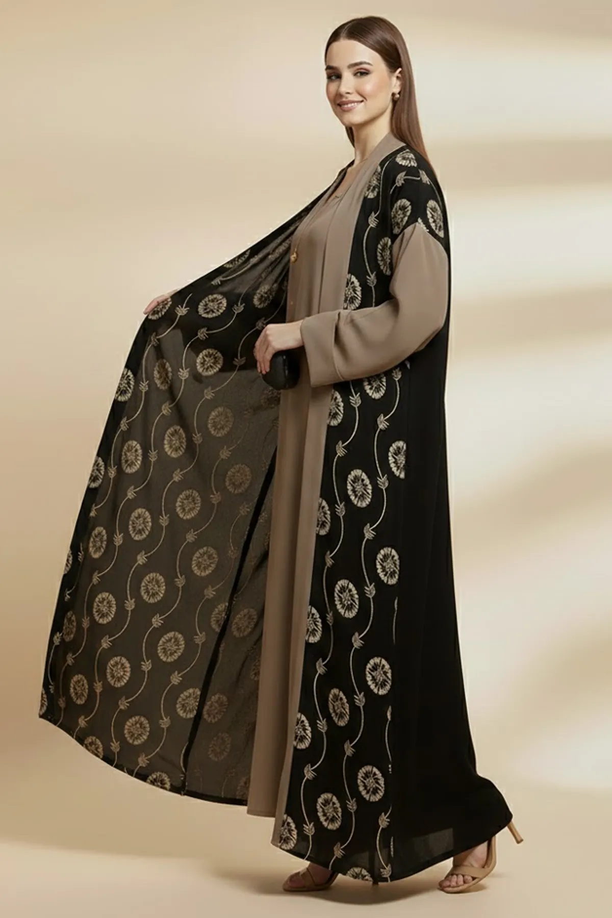 2 Piece Abaya Set Long Sleeve Embroidered Muslim Open Abaya With Matching Inner Dress For Women's