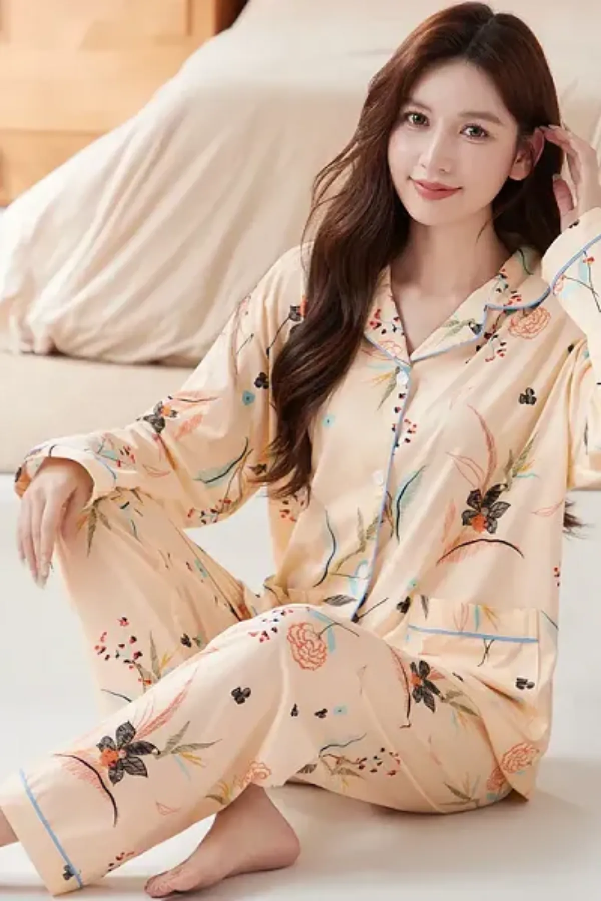 Cozy Floral Pajama Set With Button-Up Top & High Waist Bottom