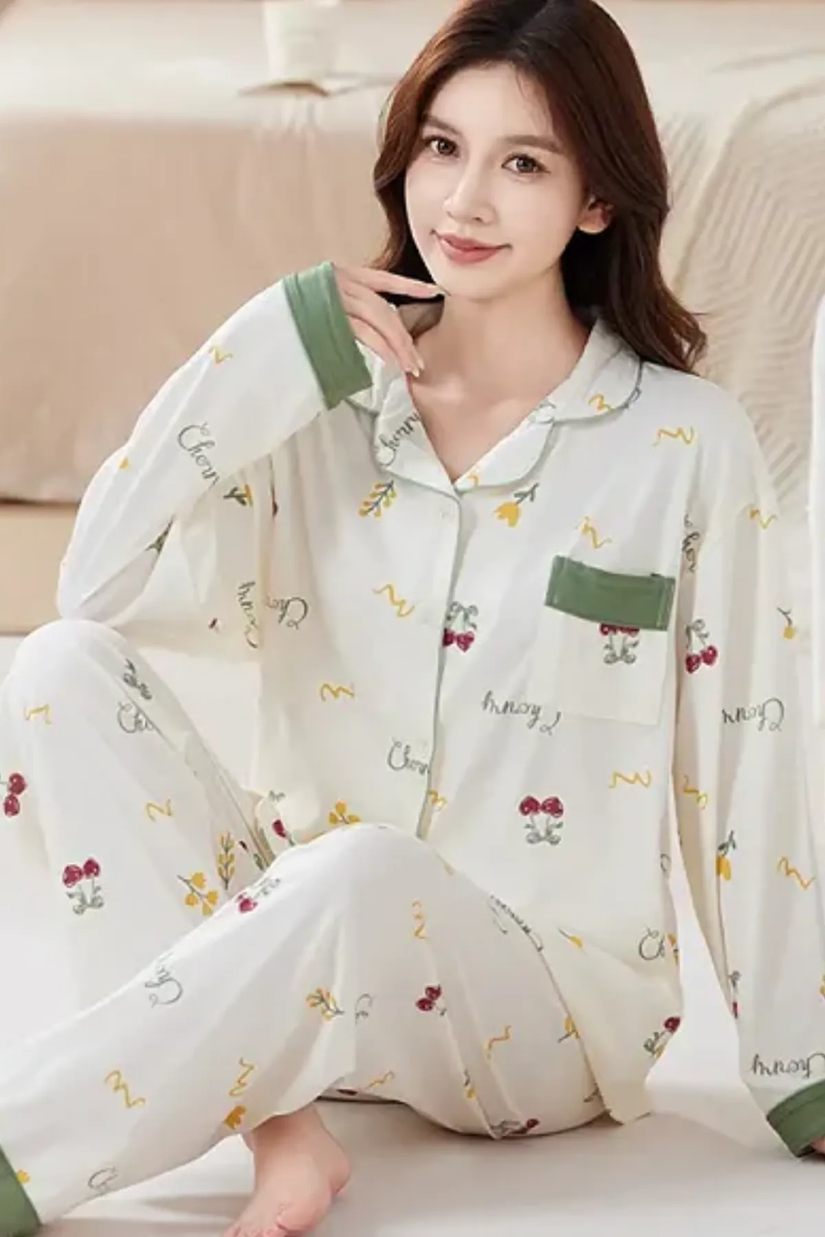 Cozy Cherry Print Pajama Set For Womens Two Pieces Lounge Set