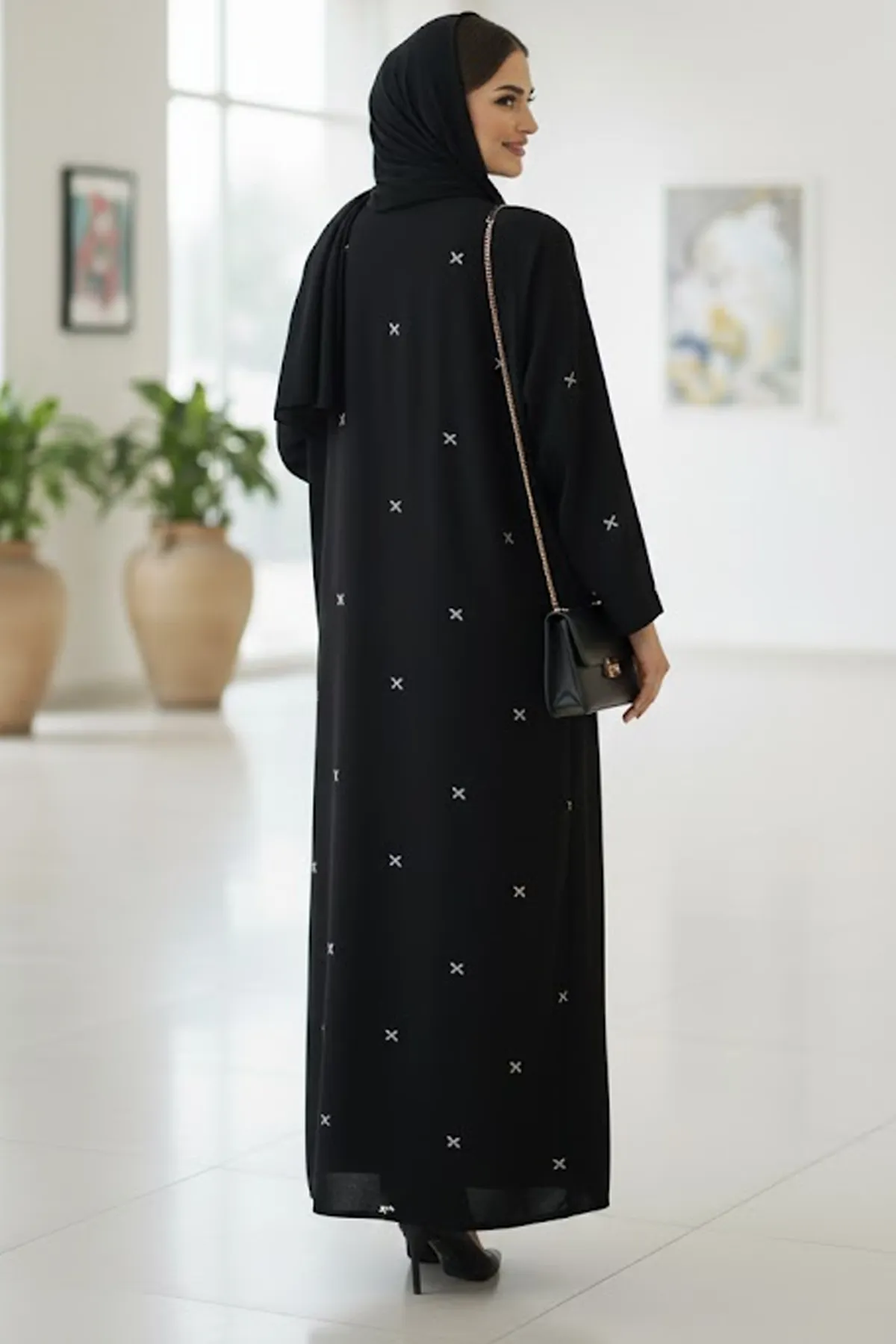 Elegant Black Embroidered Abaya For Women Modest Long Sleeve V-neck Maxi Dress With Hijab Style