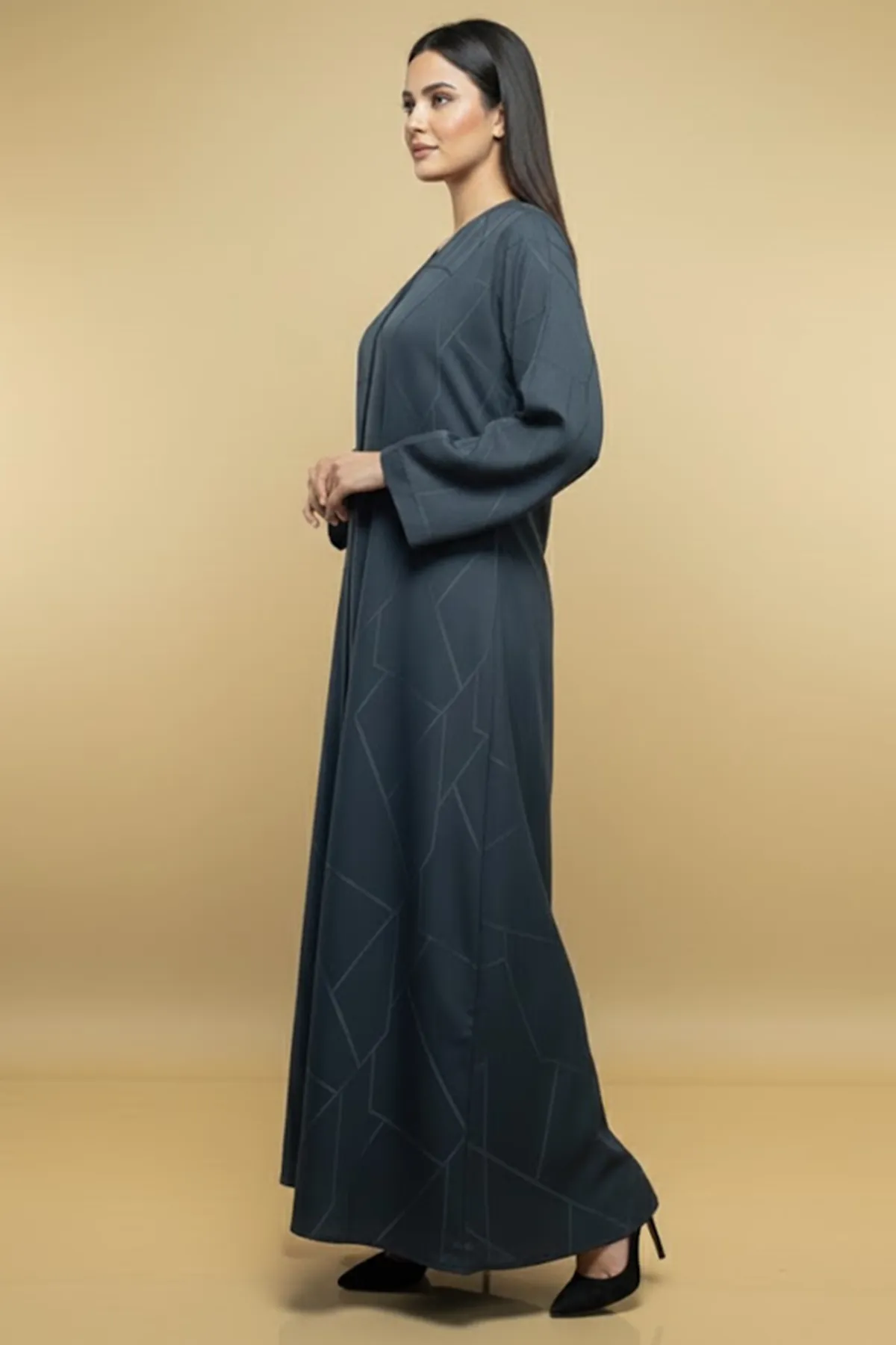 Modern V-neck Maxi Muslim Abaya Geometric Pattern Quality Fabric Long Sleeve A-line Womens Abaya