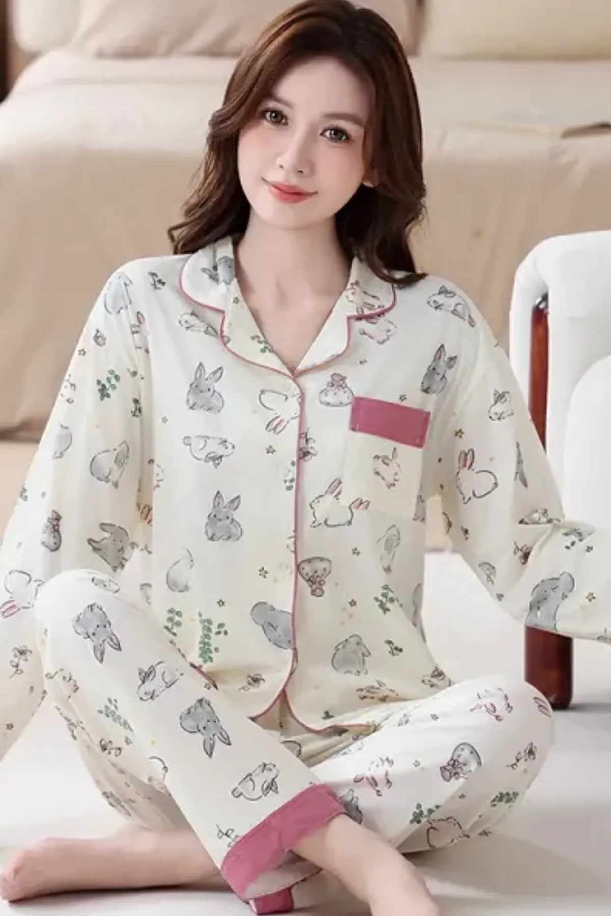 Two Pieces Top And Bottom Loungewear Womens Pajama Set