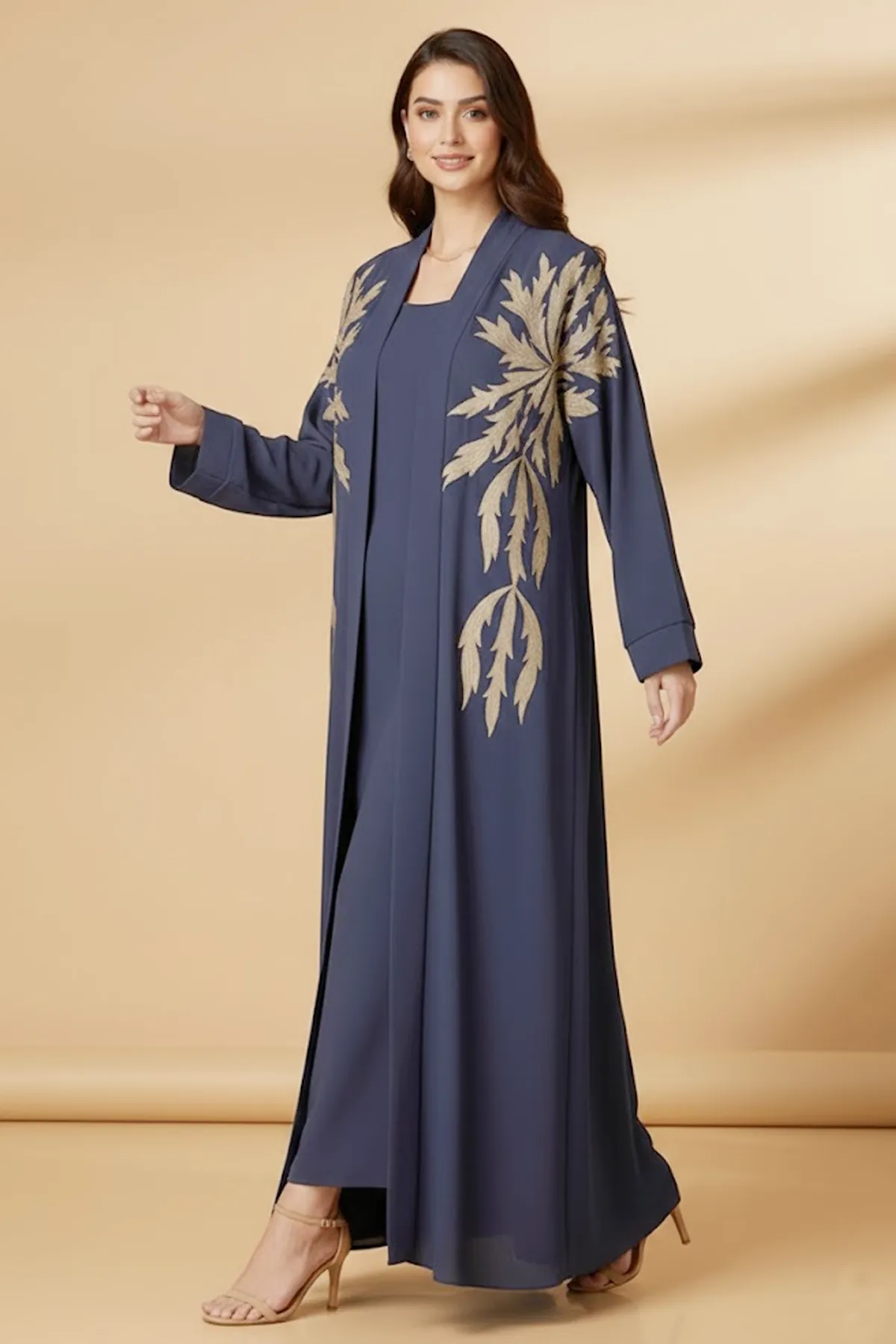 2 Pieces Women’s Navy Blue Open Abaya And Inner With Gold Leaf Embroidery Long Sleeve Muslim Abaya