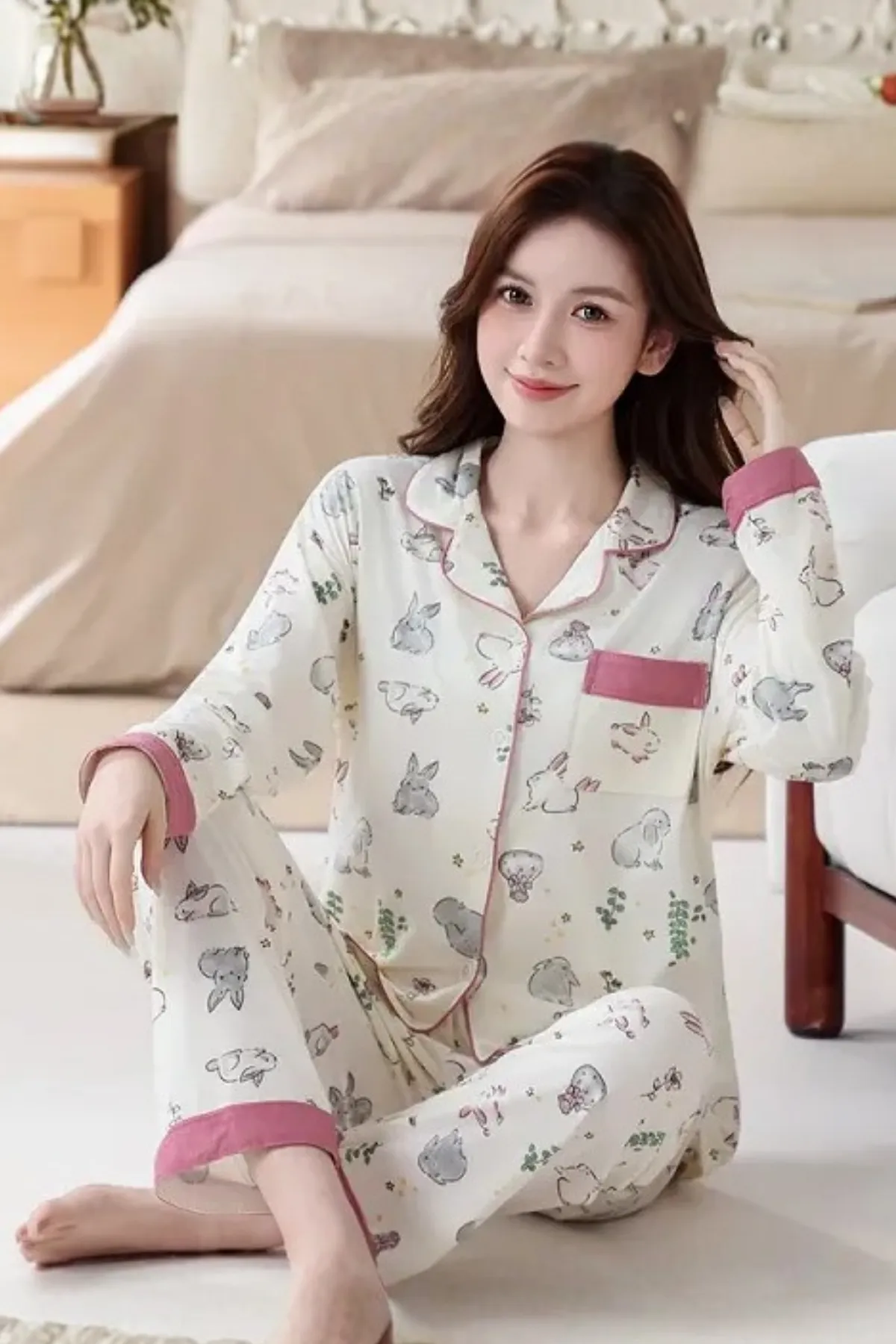 Two Pieces Top And Bottom Loungewear Womens Pajama Set