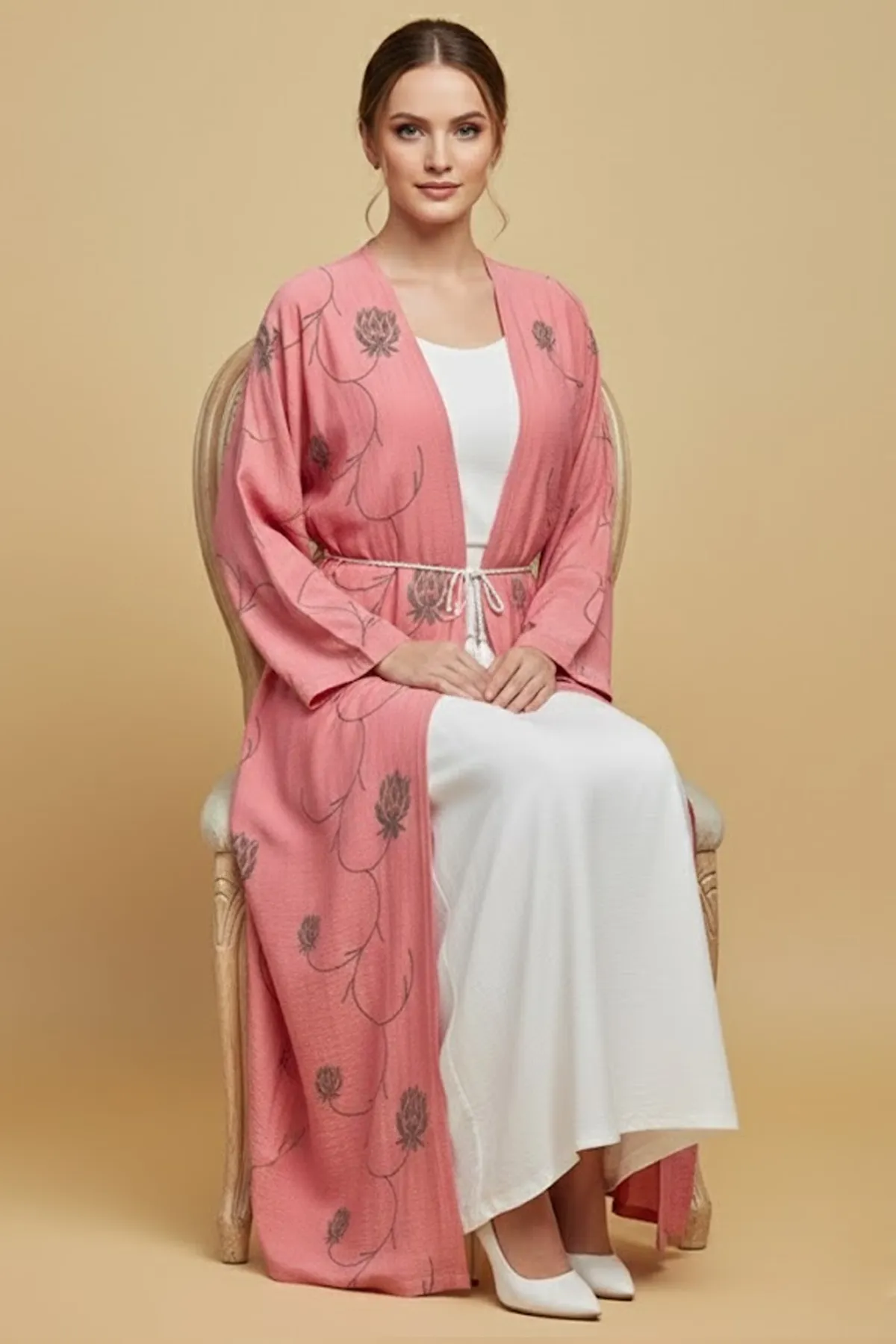 2 Pieces Women’s Long Pink Floral Kimono Abaya Stylish Open Robe With Inner Modern Dress Set
