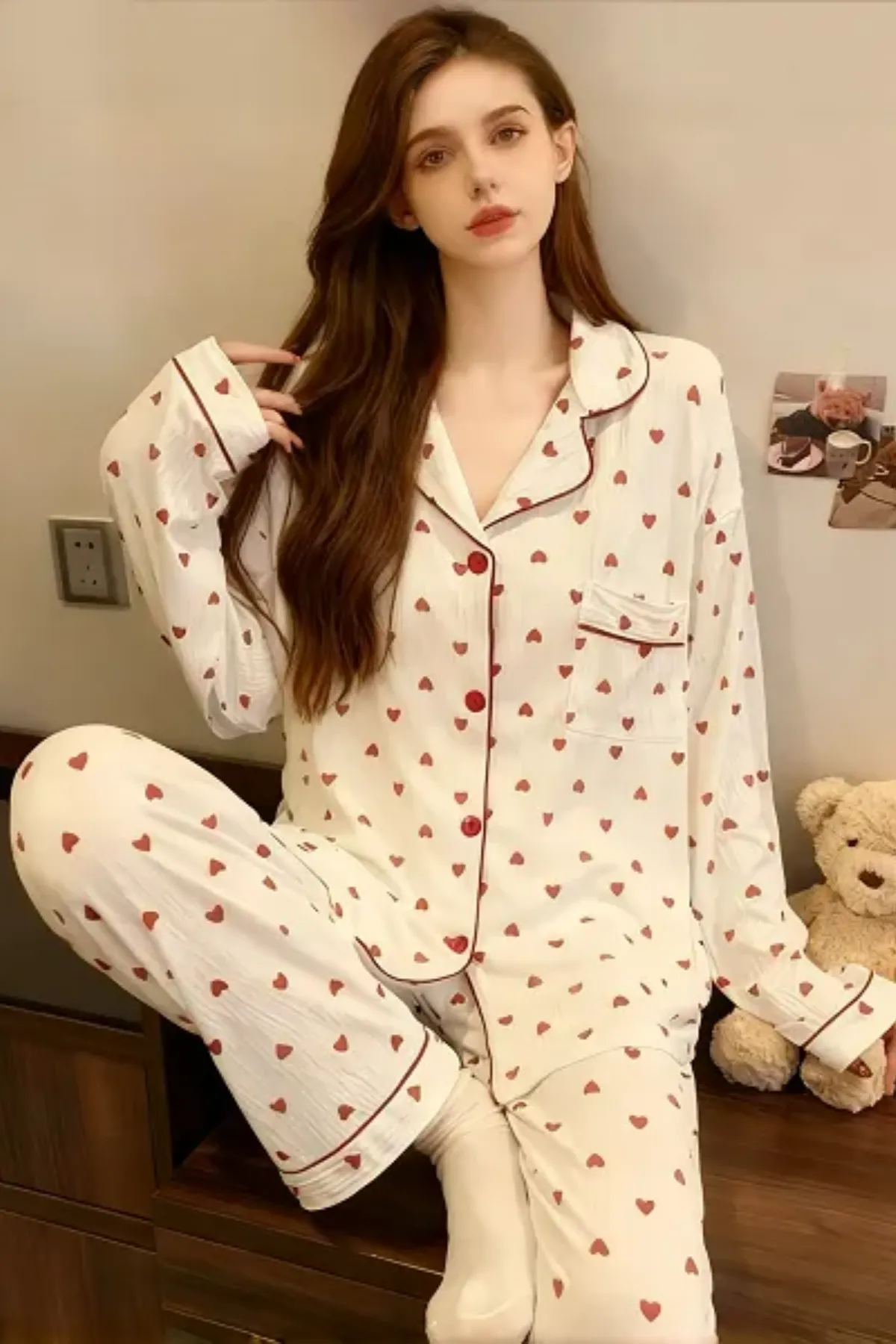 Heart Pattern Womens Pajama Set Cozy Soft Fabric Two Pieces Lounge set