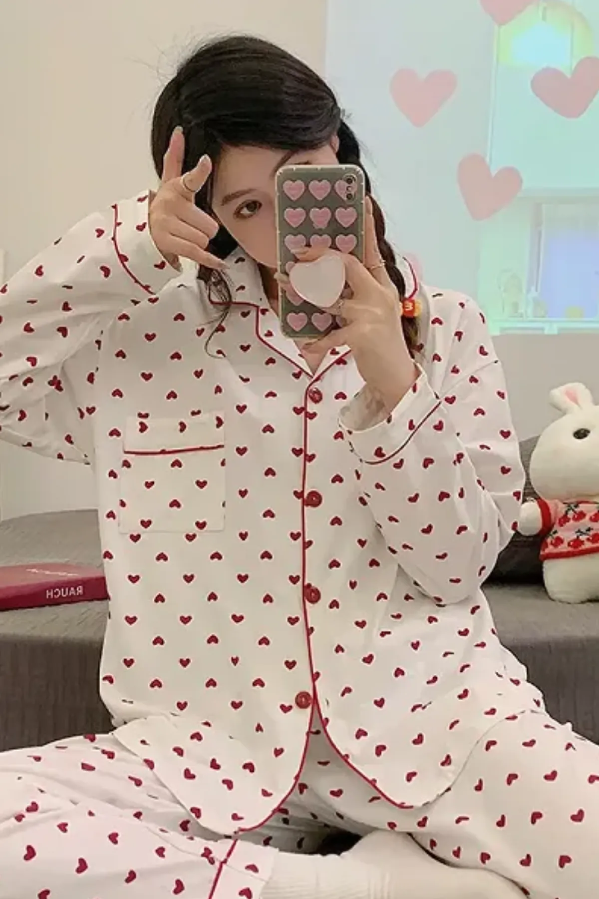 Heart Patterned Women's Pajama Set Soft Fabric Girl's Pajam Two Piecs Set