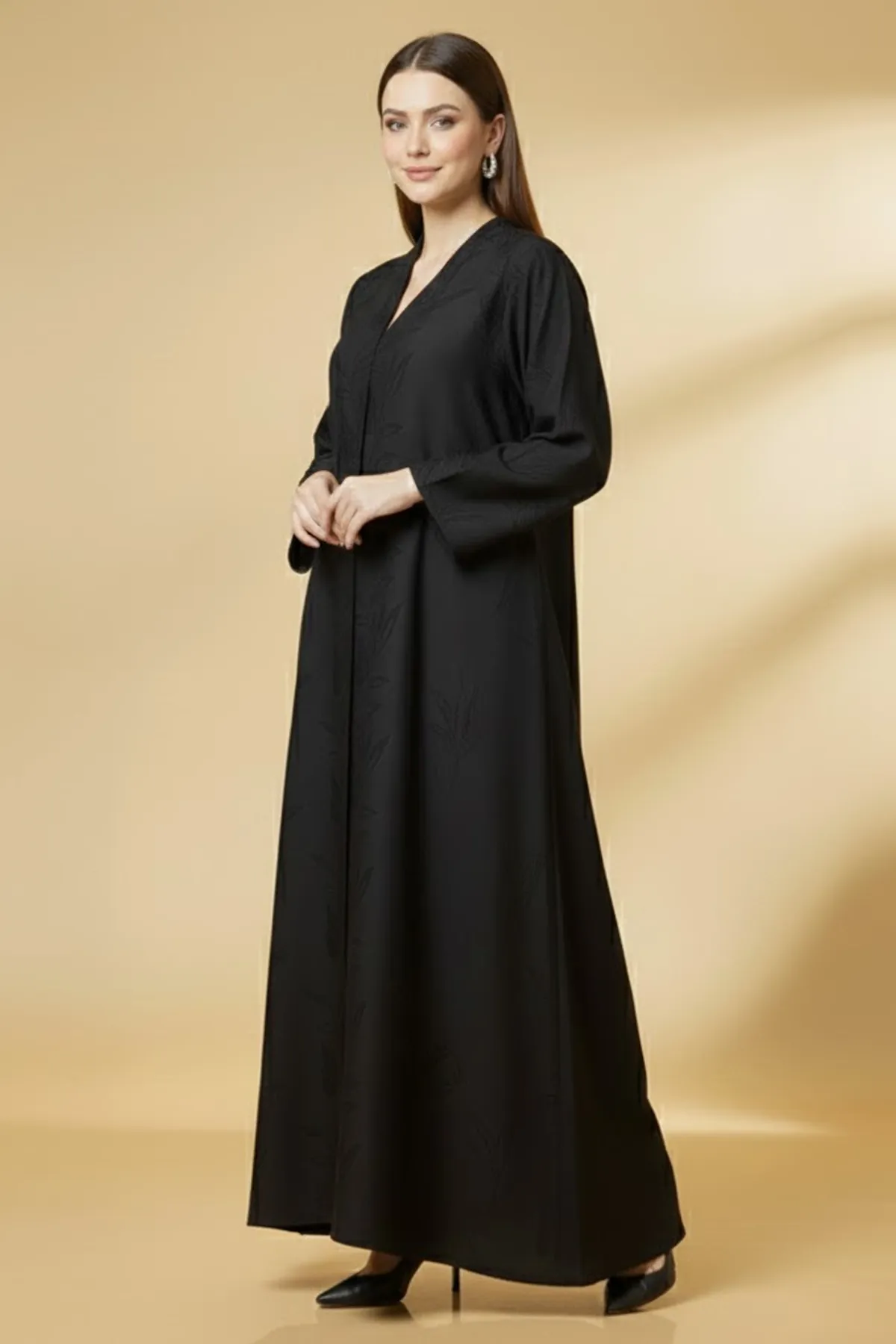 Noir Leaf-print Abaya Classic Tonal Embroider V-neck Long Sleeve Muslim Arabic Black Abaya