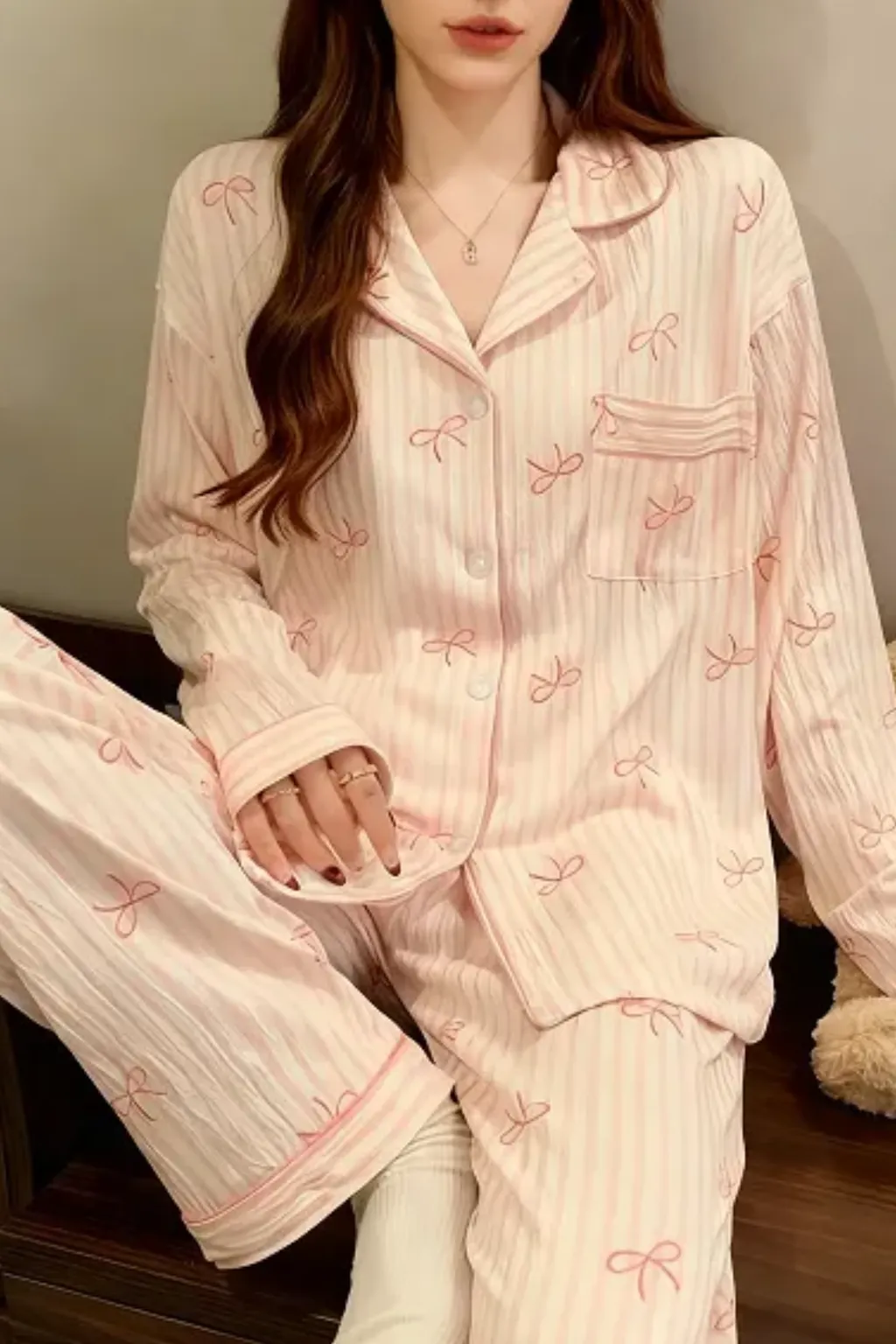 Bow Stripe Pattern 2 Pieces Women's Cozy Loungewear Pajama Set