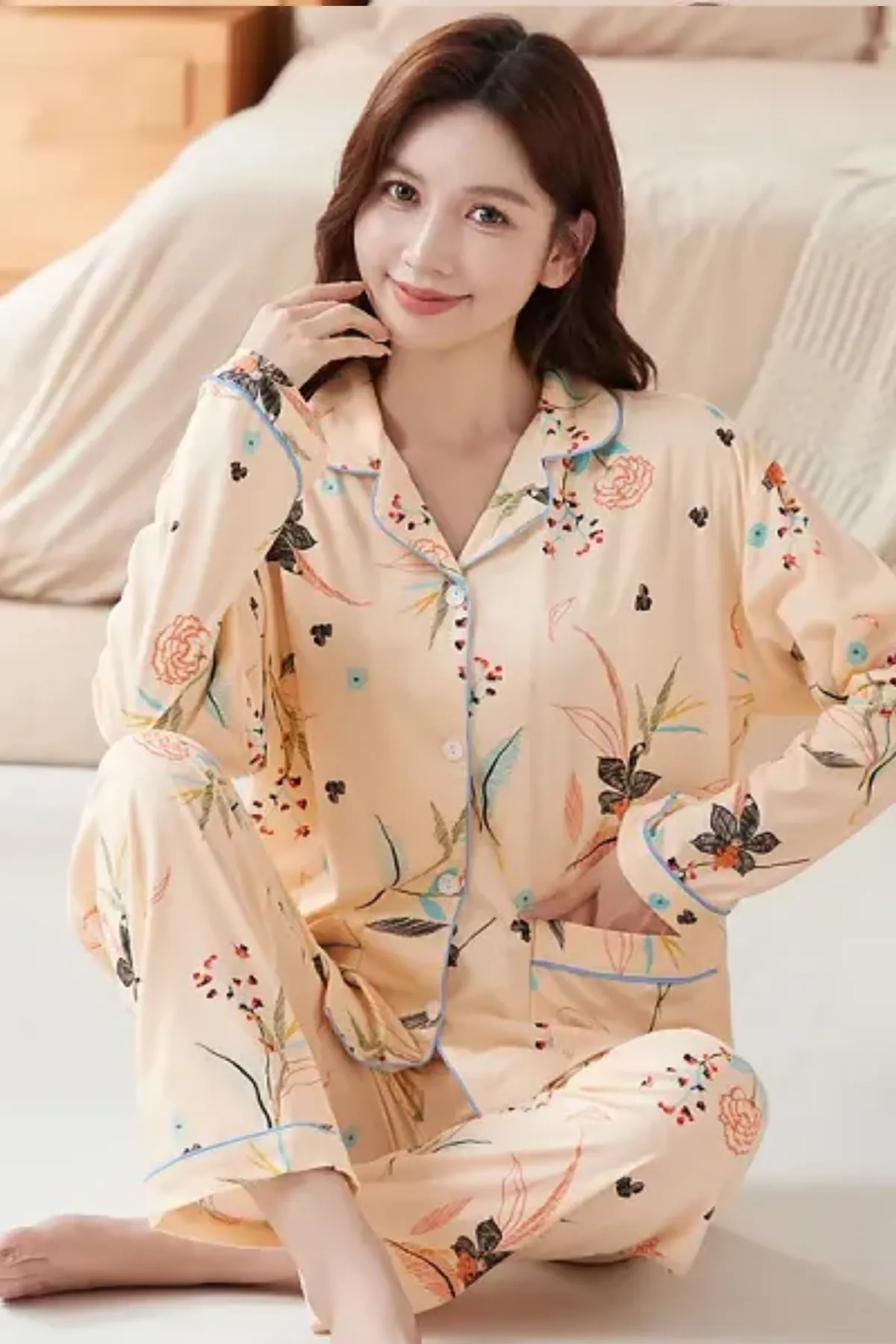 Cozy Floral Pajama Set With Button-Up Top & High Waist Bottom