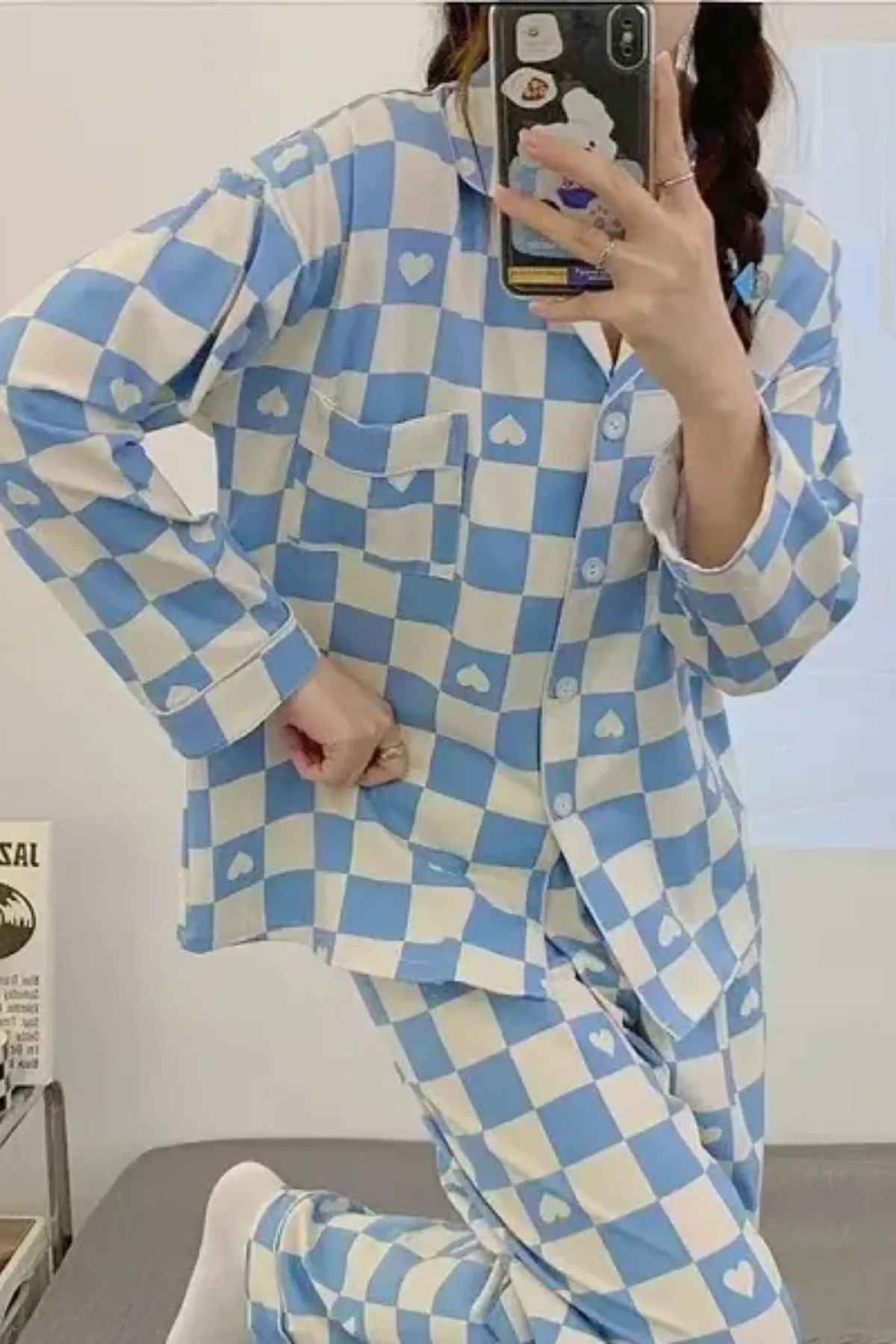 Women's Pajama Set Checkered Pattern With Heart Accents Girls Pajama